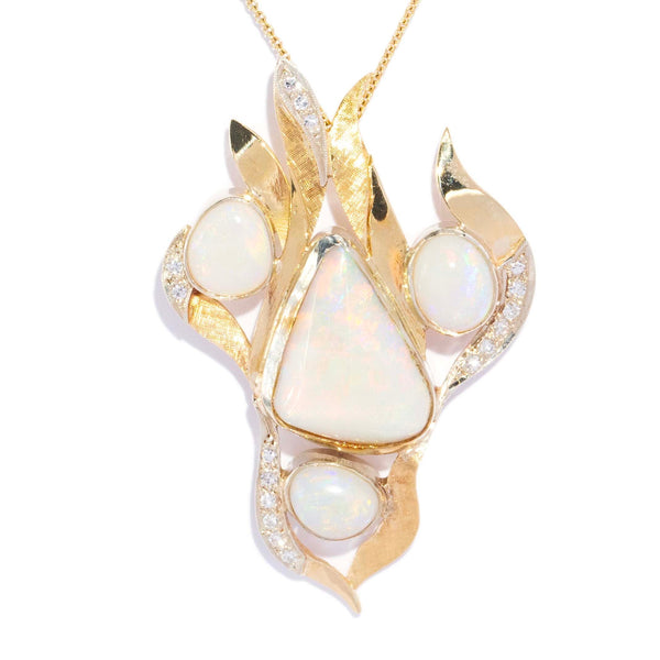 Phanie Vintage Circa 1980s Opal & Diamond Floral Spray Pendant 18ct Yellow Gold Pendants/Necklaces Imperial Jewellery 