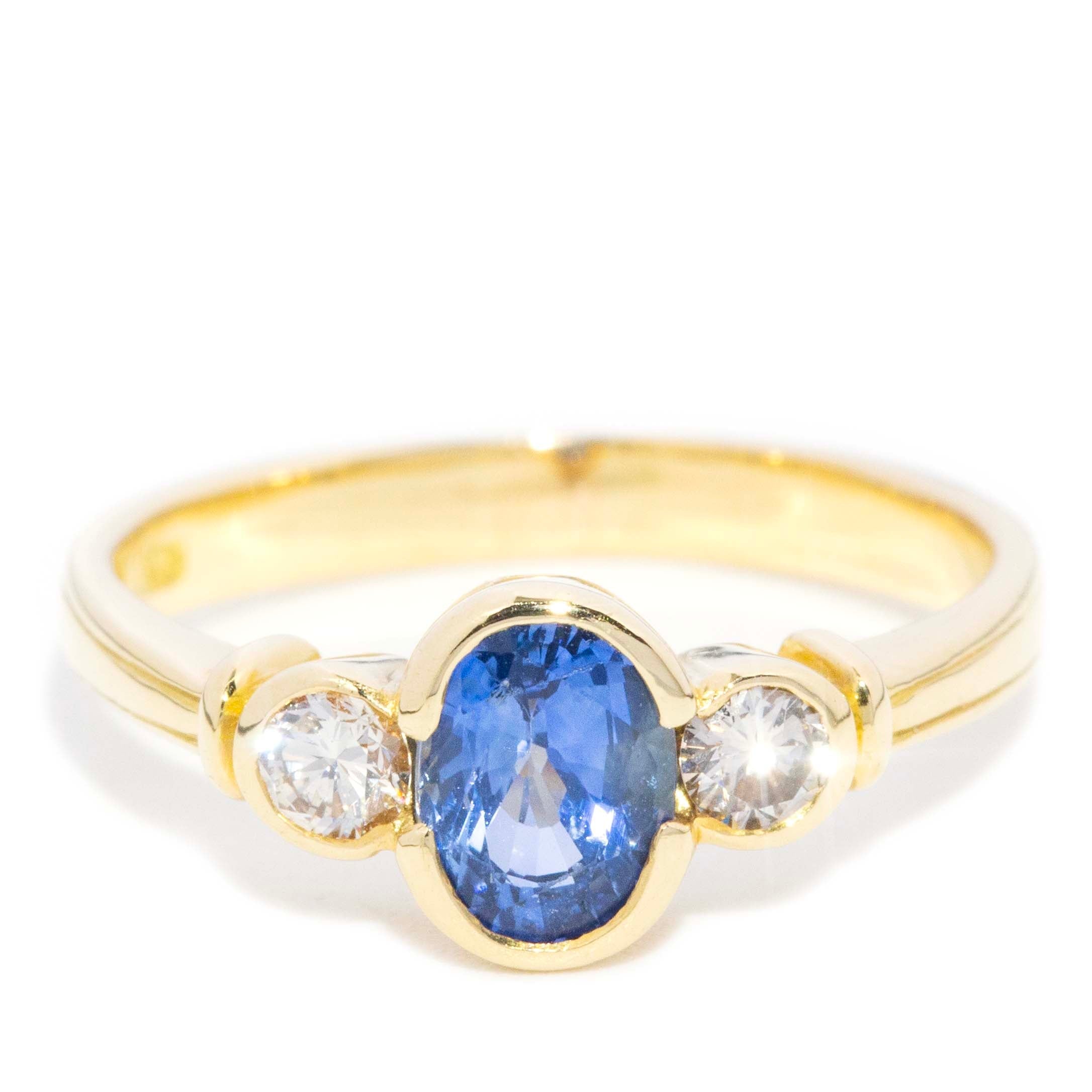 Phillipa Contemporary Blue Sapphire & Diamond Trilogy Ring 18ct Yellow Gold Rings Imperial Jewellery 