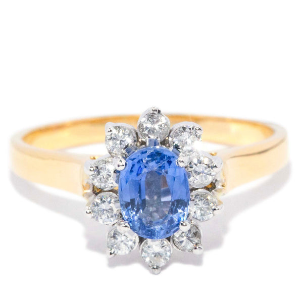 Philomena 1980s Sapphire Diamond Halo Ring 18ct Gold Rings Imperial Jewellery 