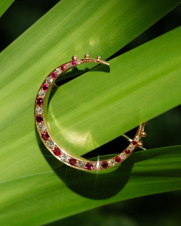 Phoebe 1930s Ruby & Old Cut Diamond Crescent Brooch 18ct Gold Brooches Imperial Jewellery 