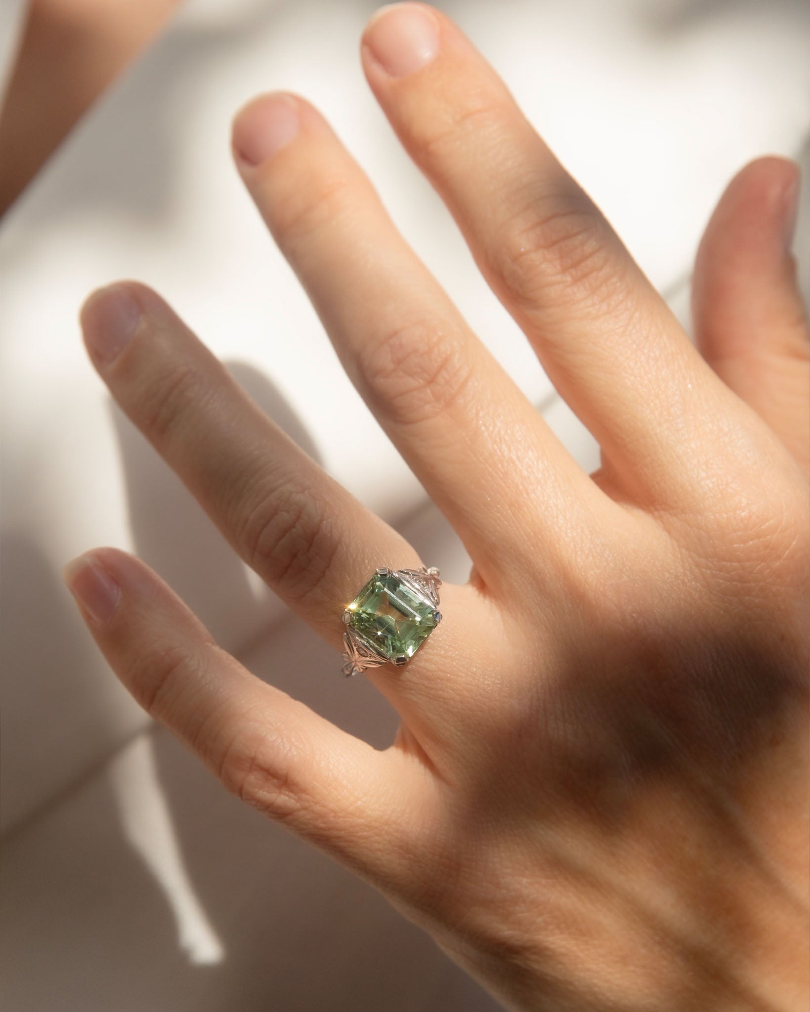Prasina 1950s Green Tourmaline & Diamond Ring 18K White Gold Rings Anthology Jewellers 
