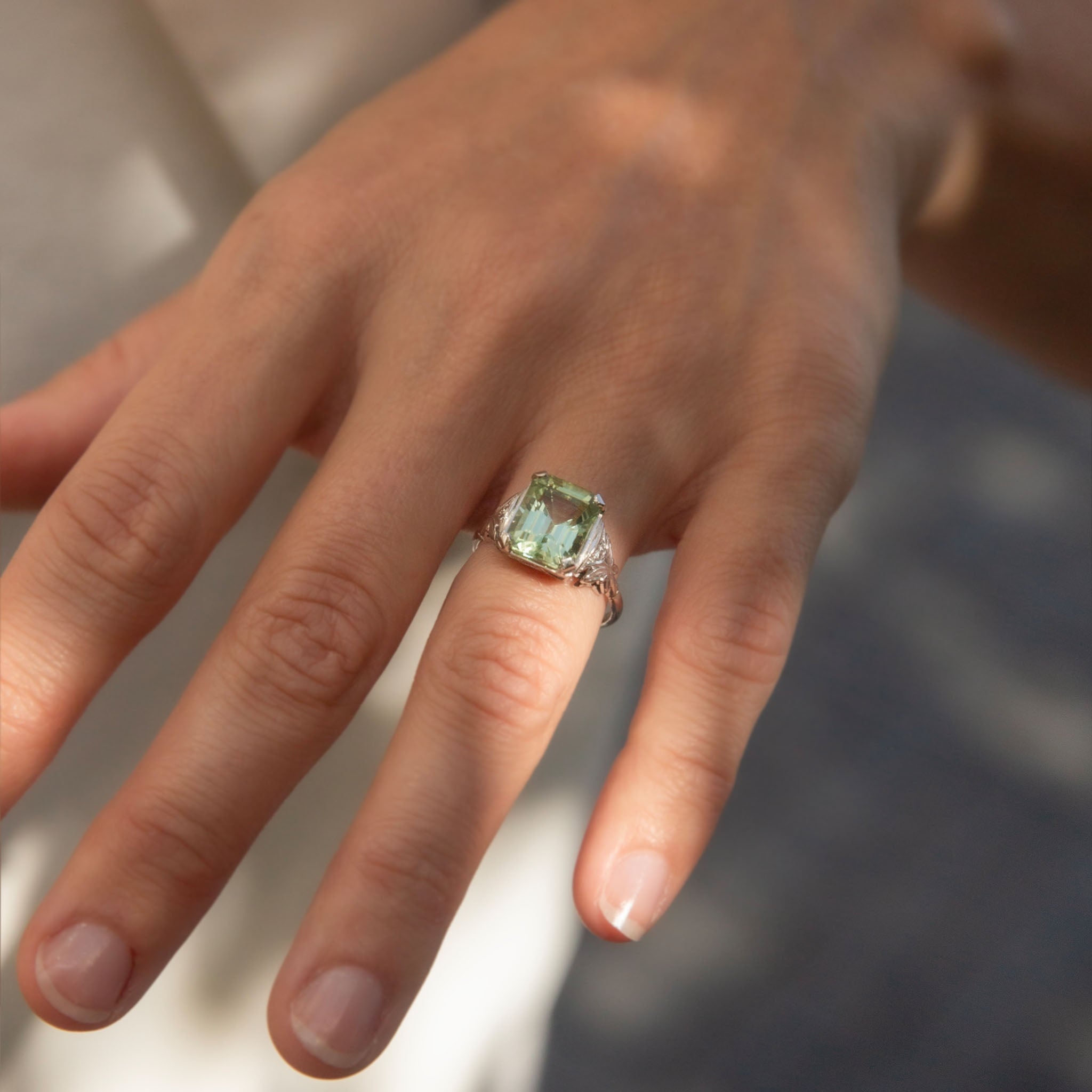Prasina 1950s Green Tourmaline & Diamond Ring 18K White Gold Rings Anthology Jewellers 