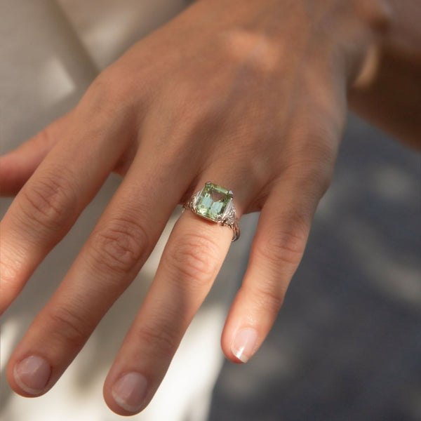 Prasina 1950s Green Tourmaline & Diamond Ring 18K White Gold Rings Anthology Jewellers 