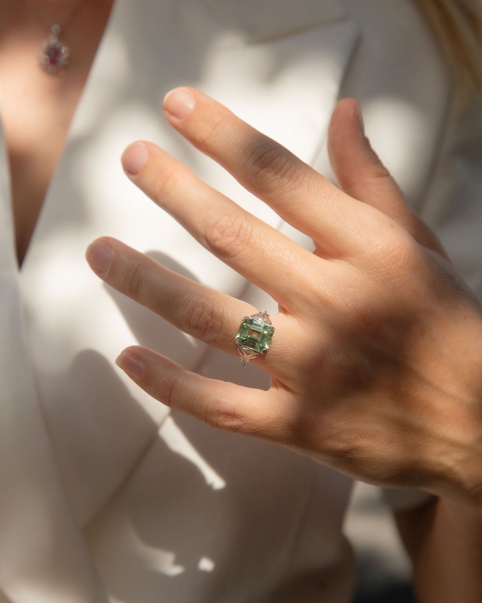 Prasina 1950s Green Tourmaline & Diamond Ring 18K White Gold Rings Anthology Jewellers 