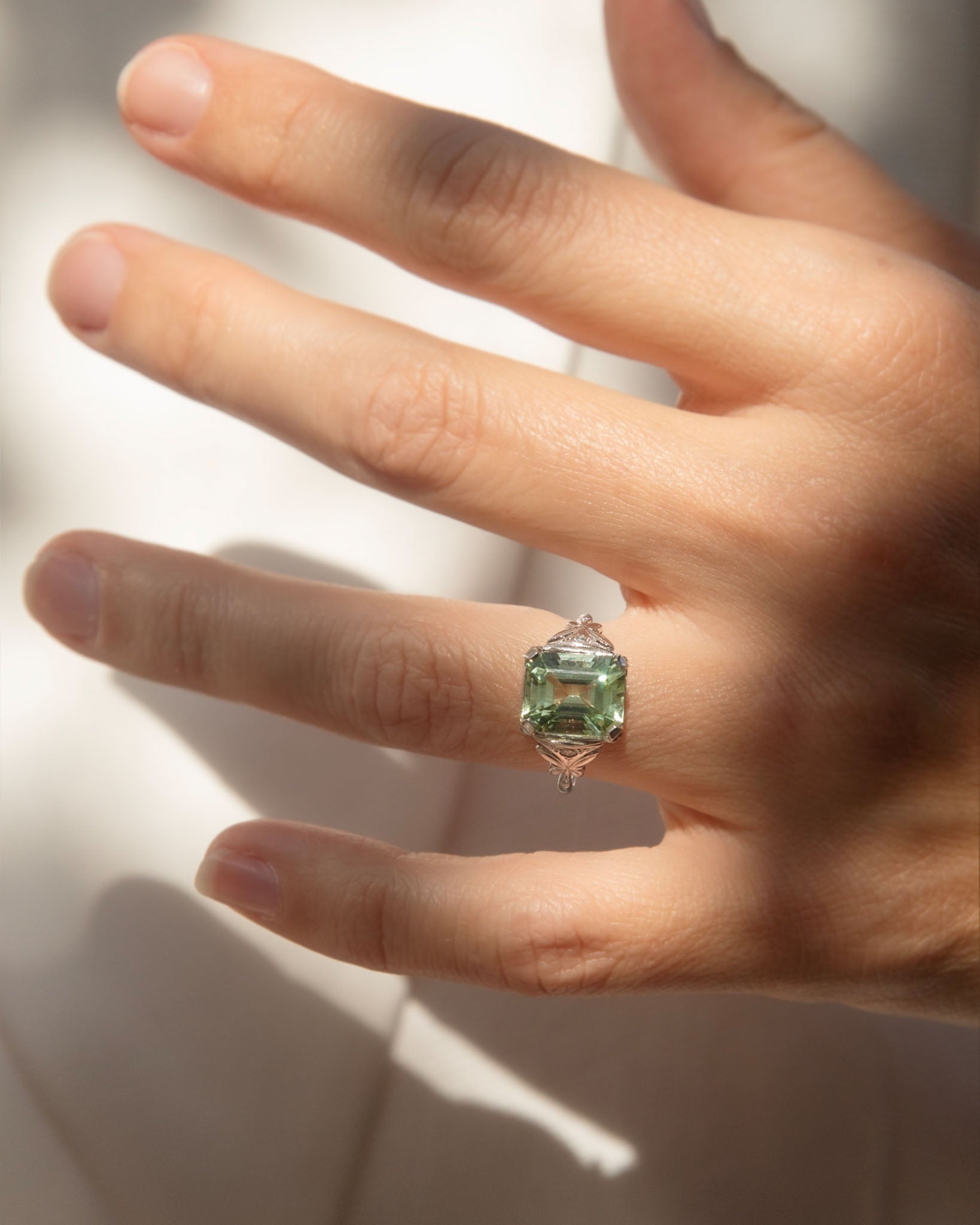 Prasina 1950s Green Tourmaline & Diamond Ring 18K White Gold Rings Anthology Jewellers 