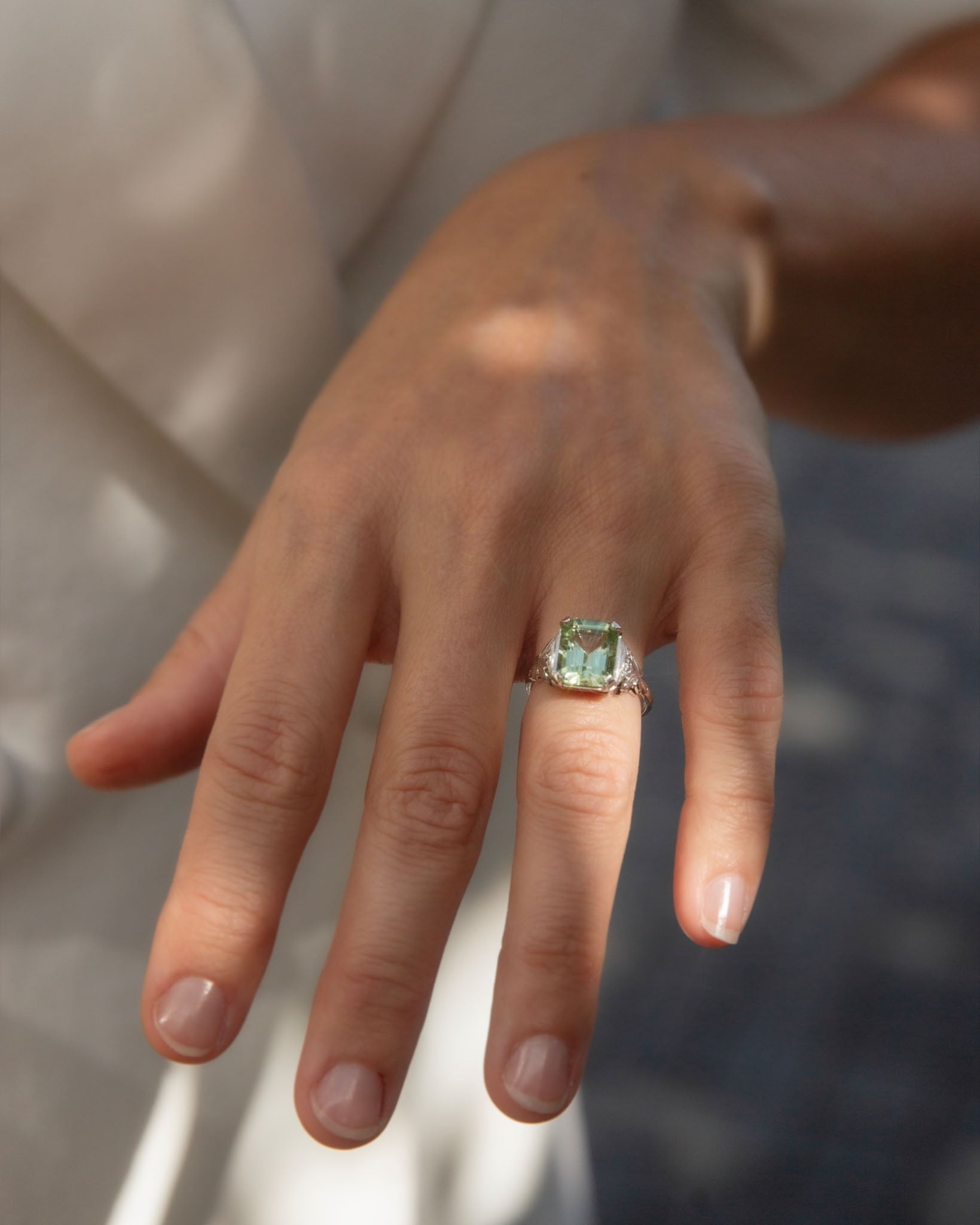 Prasina 1950s Green Tourmaline & Diamond Ring 18K White Gold Rings Anthology Jewellers 