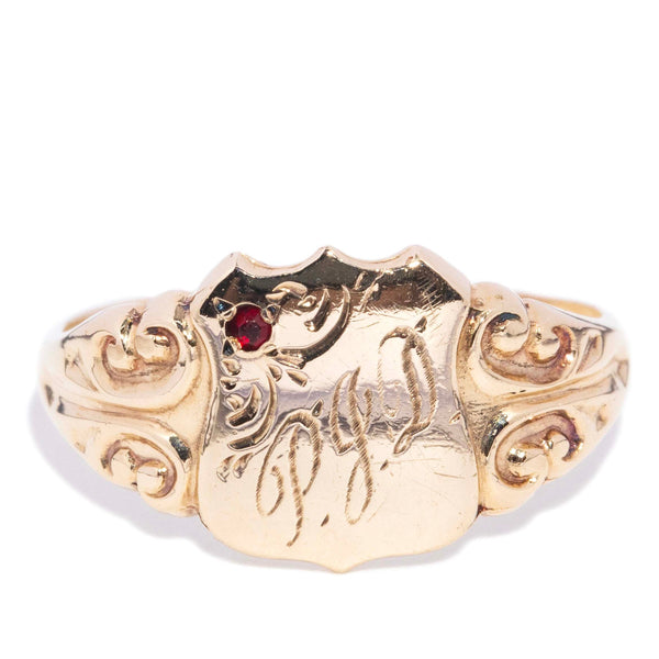 Prima 1980s Engraved Monogram Shield Signet Ring 9ct Gold Rings Imperial Jewellery 