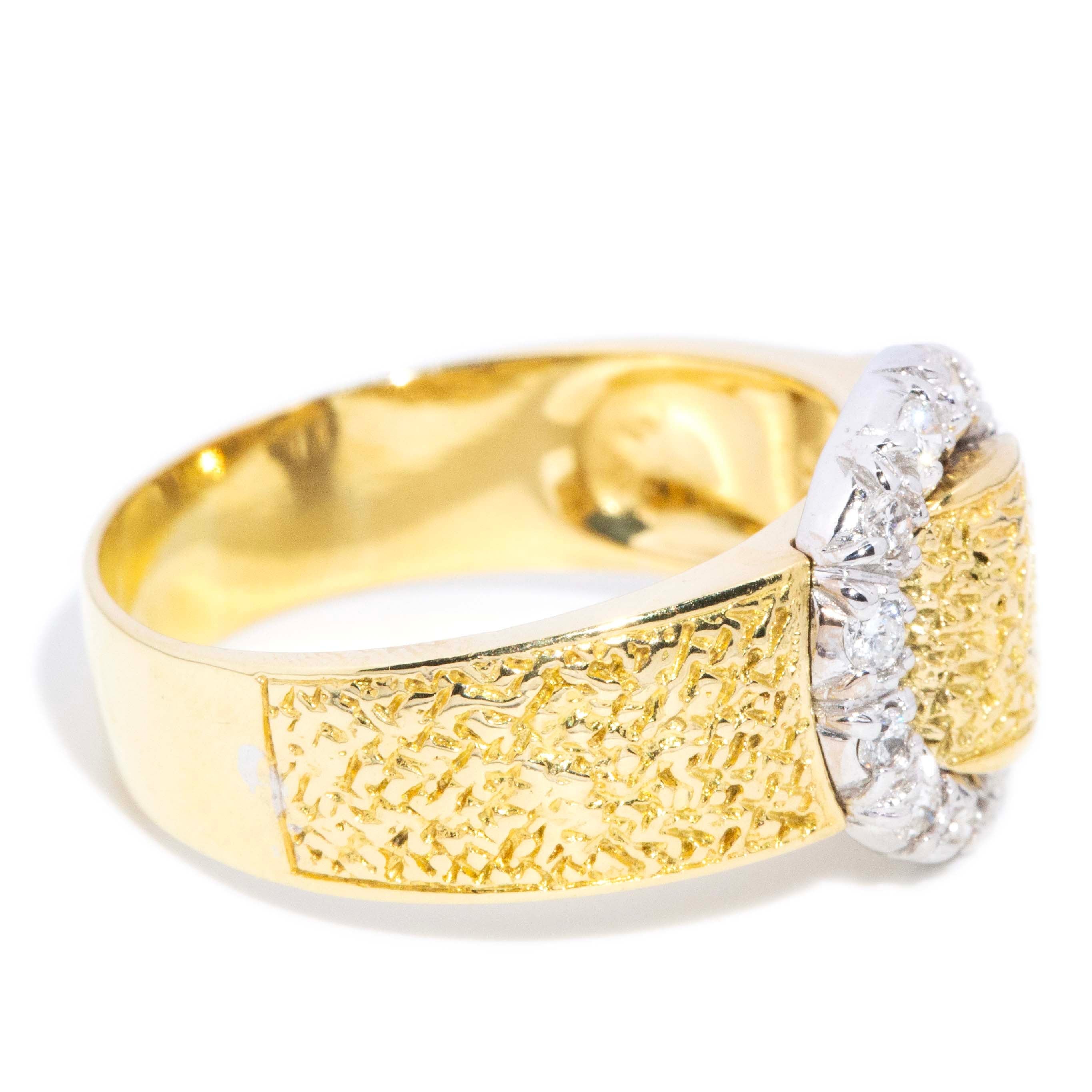 Ramona Vintage Circa 1970s Diamond Textured Buckle Halo Ring 18ct Two Tone Gold Rings Imperial Jewellery 
