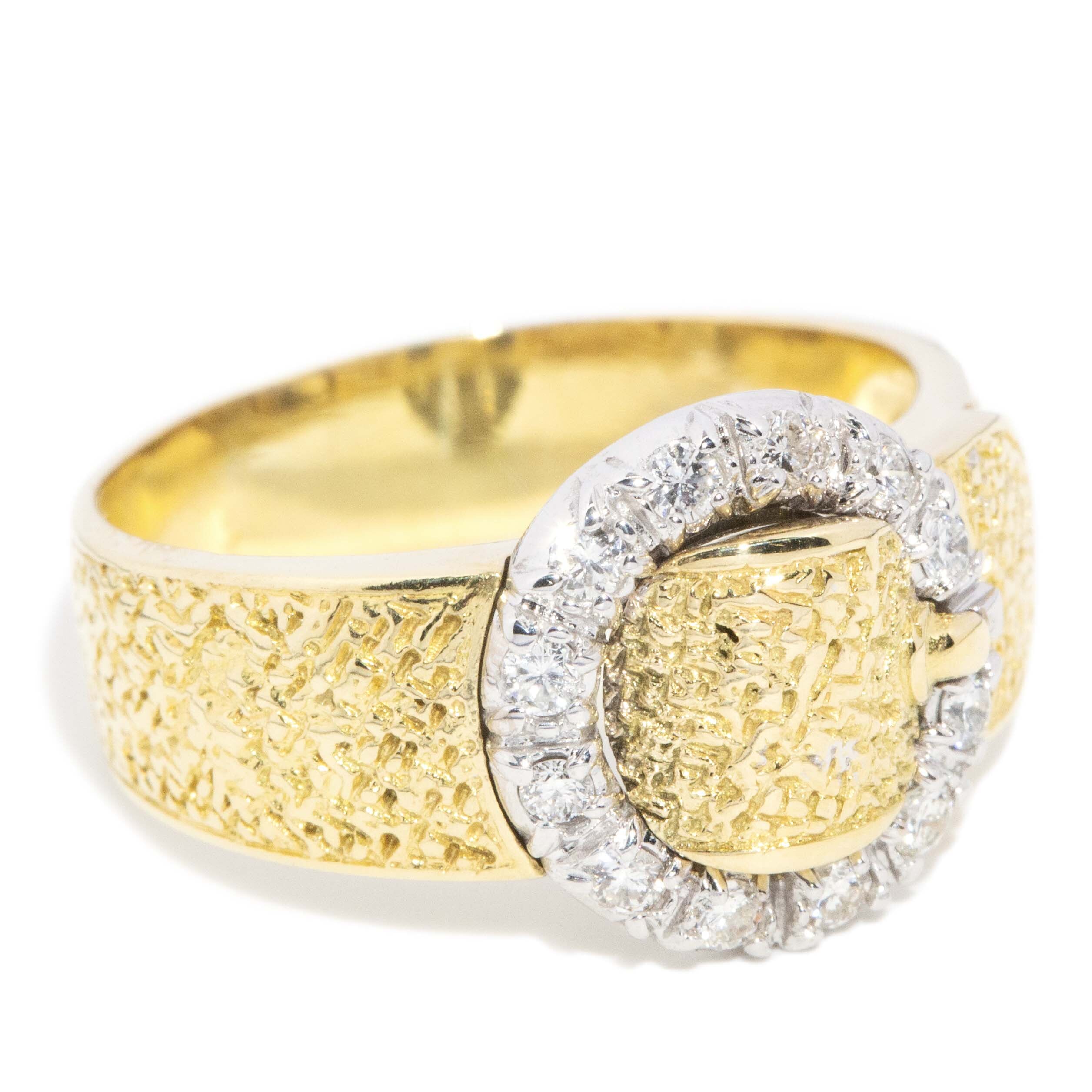 Ramona Vintage Circa 1970s Diamond Textured Buckle Halo Ring 18ct Two Tone Gold Rings Imperial Jewellery 