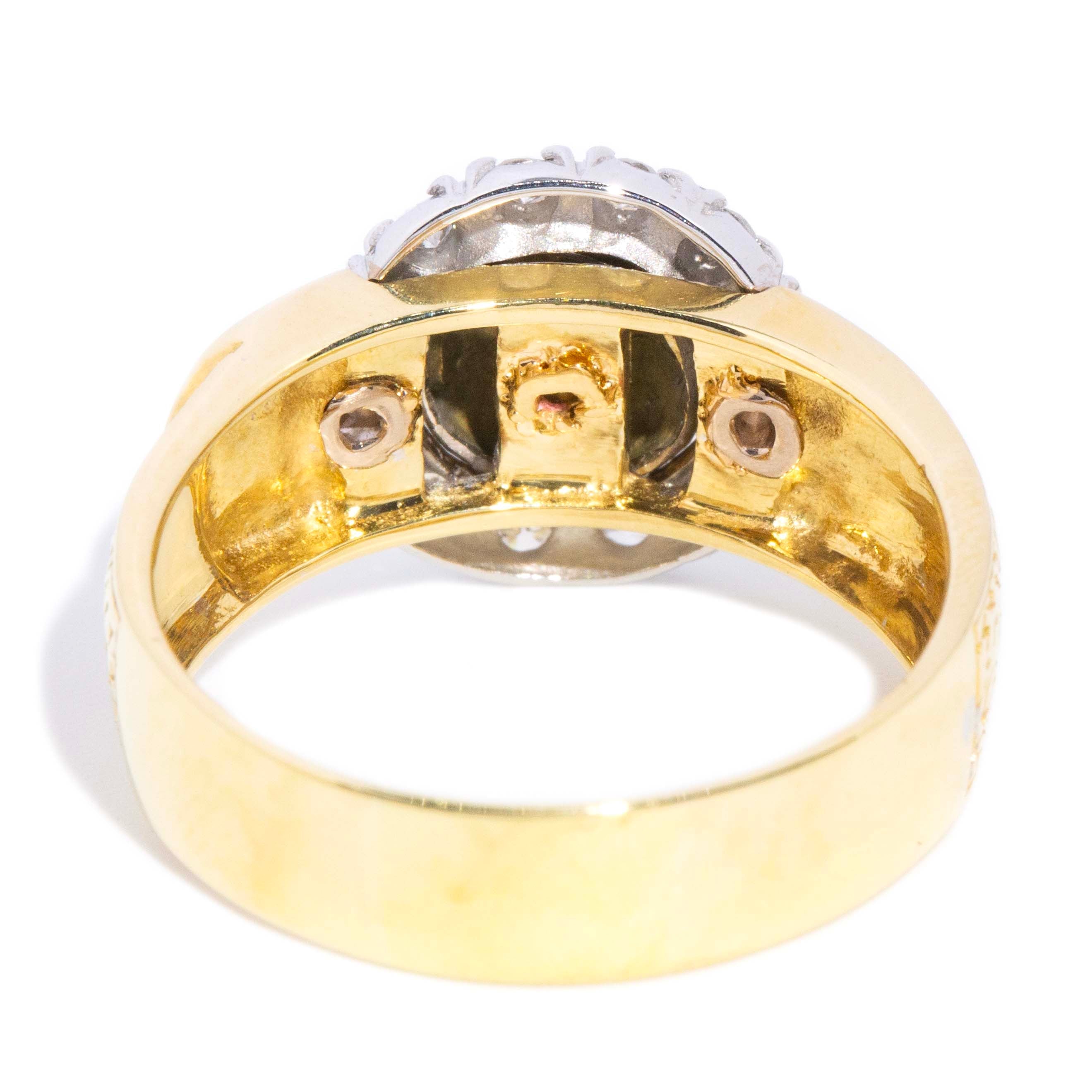 Ramona Vintage Circa 1970s Diamond Textured Buckle Halo Ring 18ct Two Tone Gold Rings Imperial Jewellery 