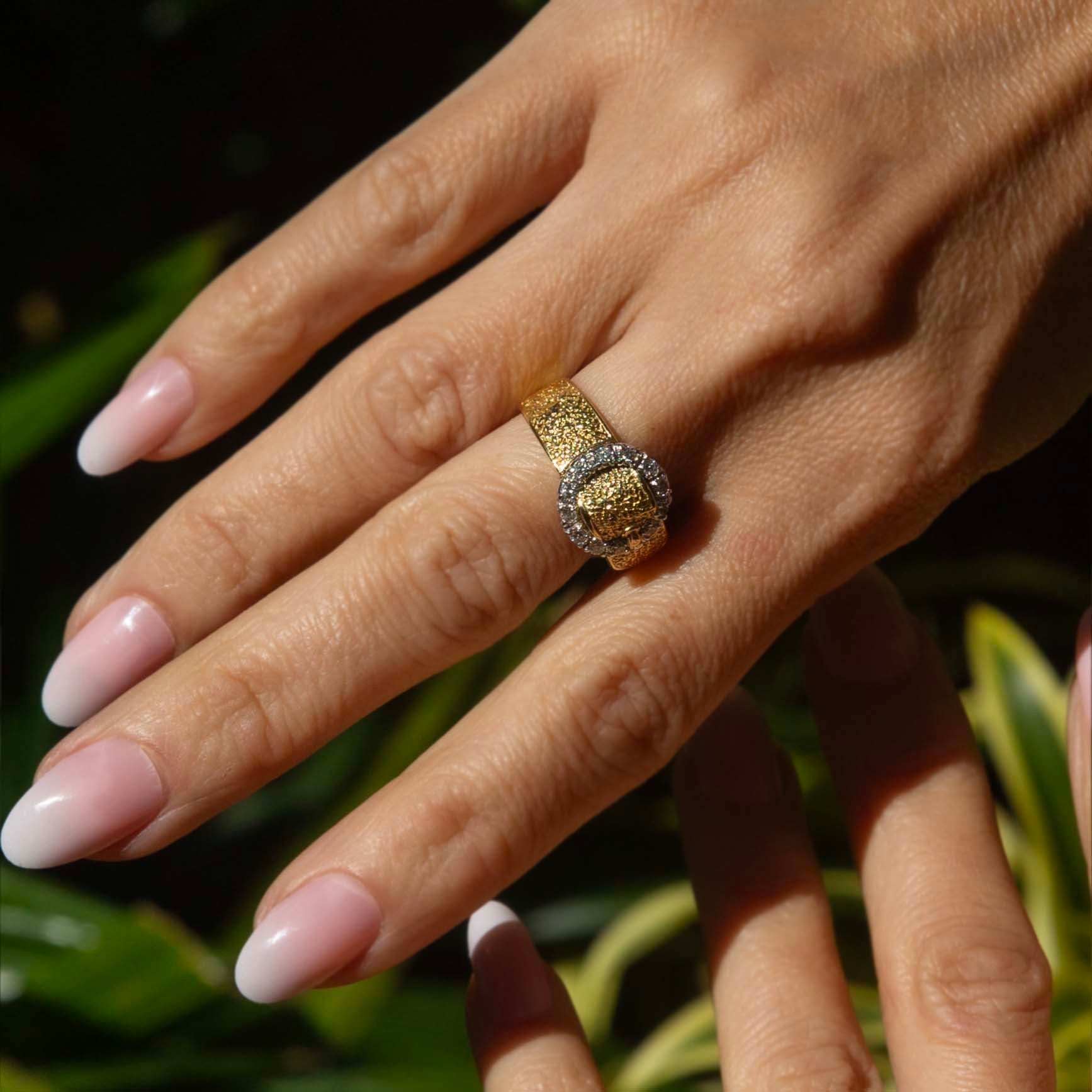 Ramona Vintage Circa 1970s Diamond Textured Buckle Halo Ring 18ct Two Tone Gold Rings Imperial Jewellery 
