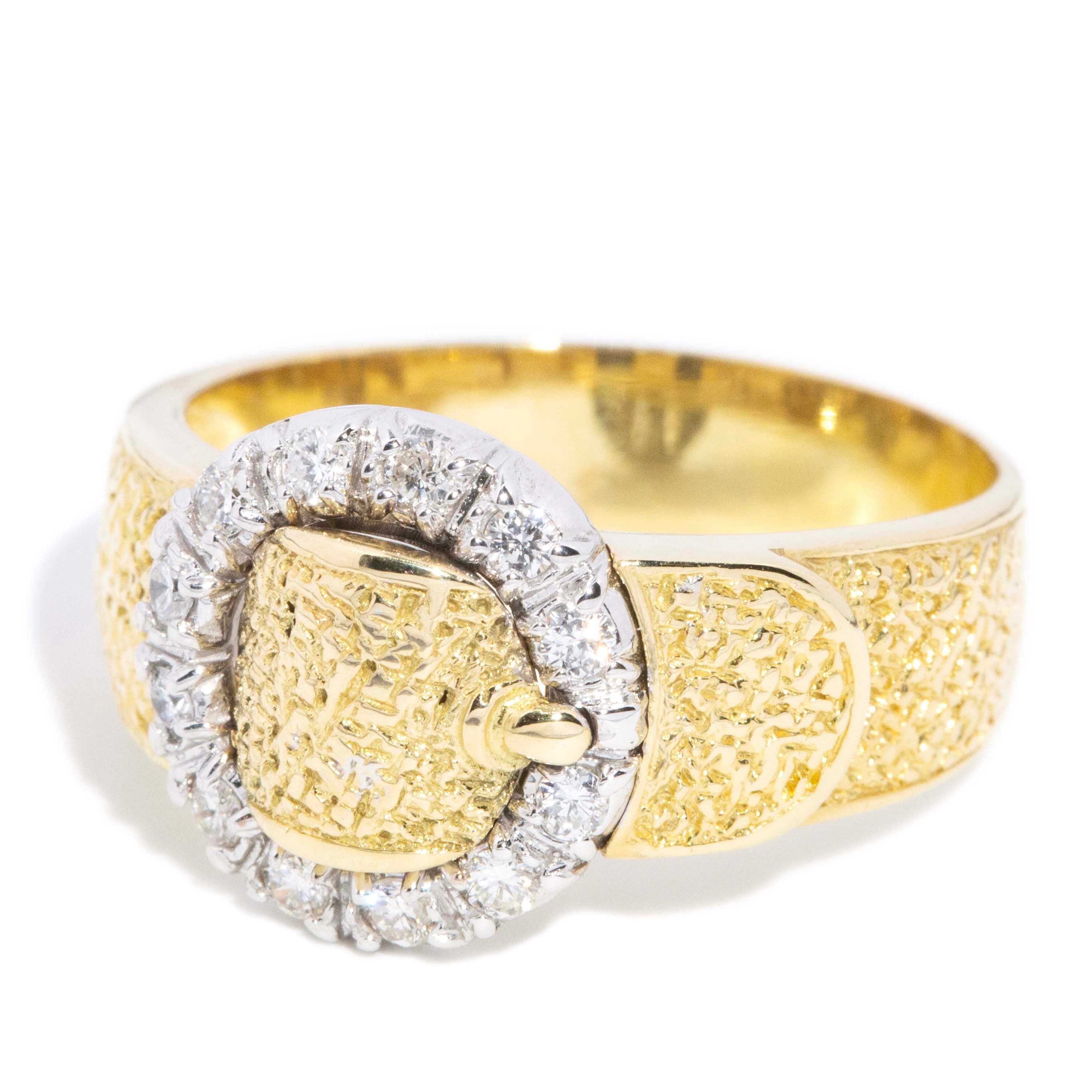 Ramona Vintage Circa 1970s Diamond Textured Buckle Halo Ring 18ct Two Tone Gold Rings Imperial Jewellery 