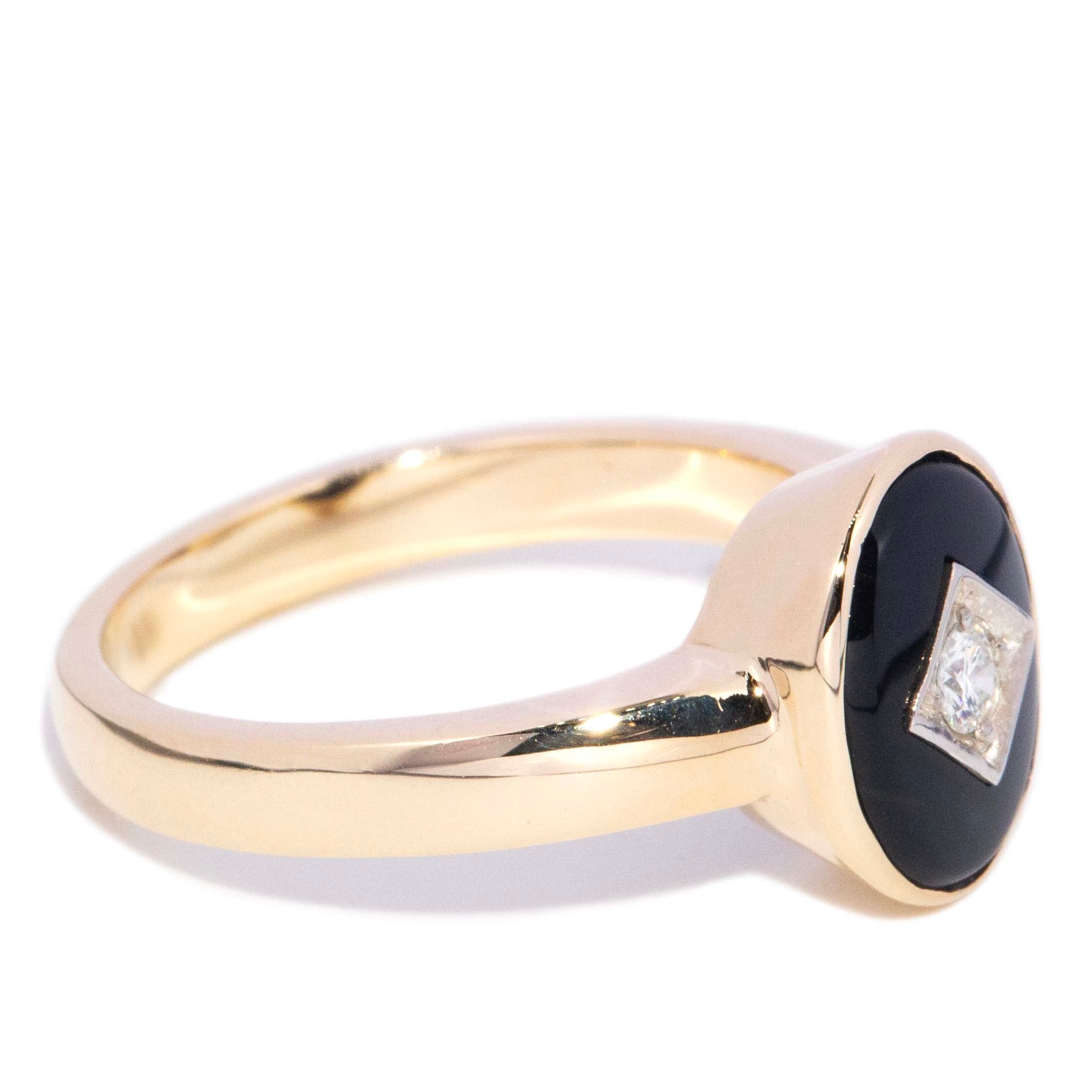 Regina 1980s Rubover Onyx & Diamond Ring 9K Two Tone Gold Rings Anthology Jewellers 