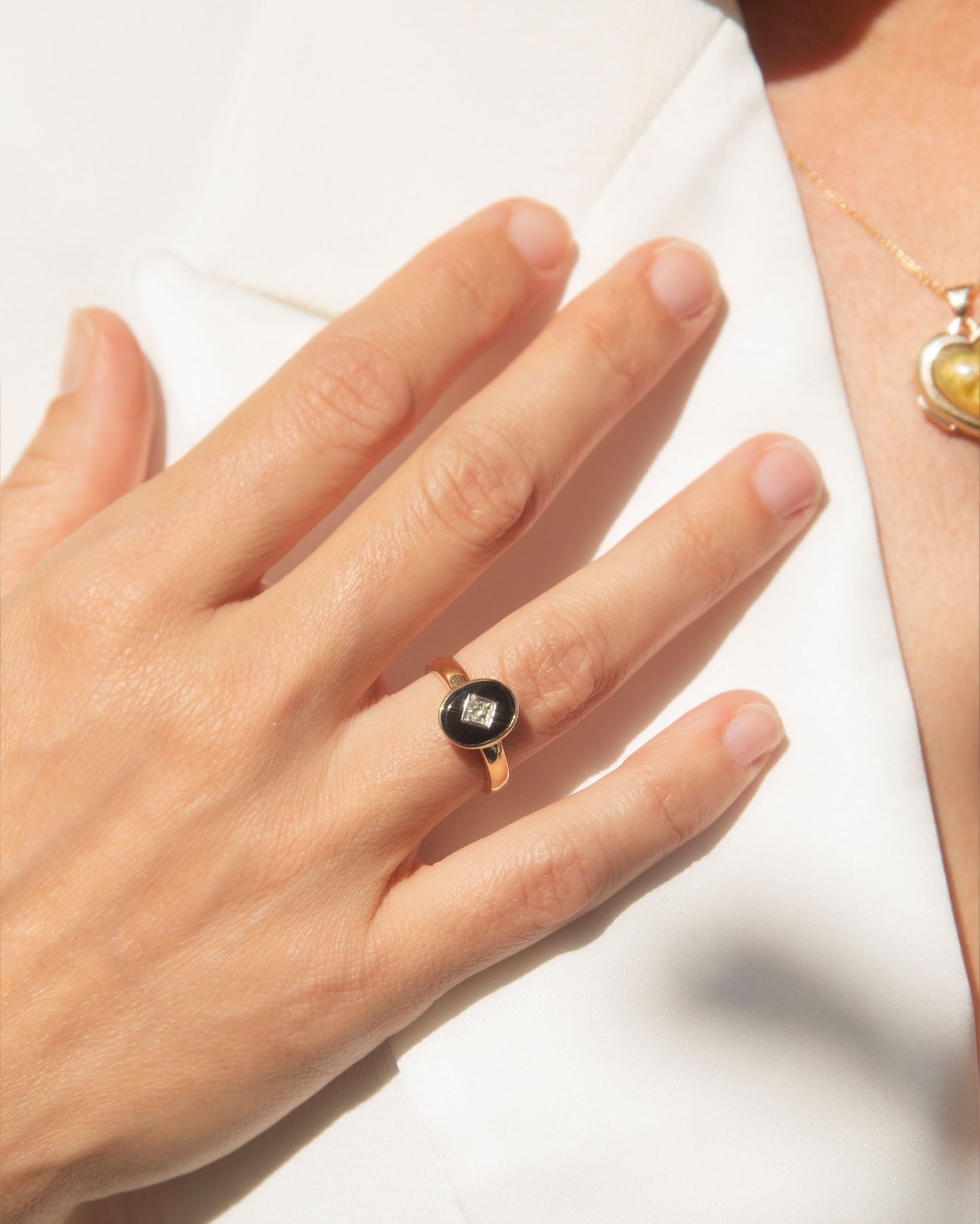 Regina 1980s Rubover Onyx & Diamond Ring 9K Two Tone Gold Rings Anthology Jewellers 