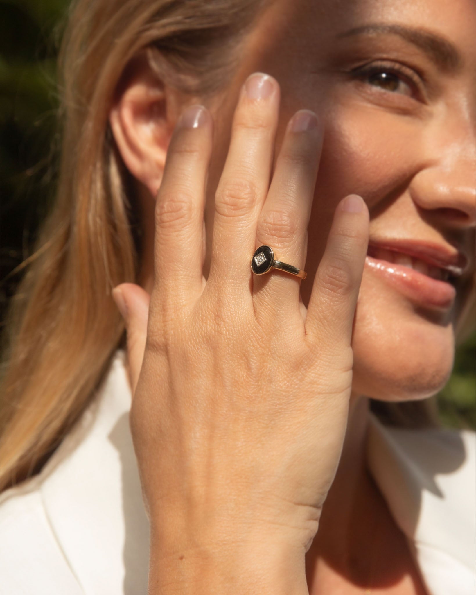 Regina 1980s Rubover Onyx & Diamond Ring 9K Two Tone Gold Rings Anthology Jewellers 