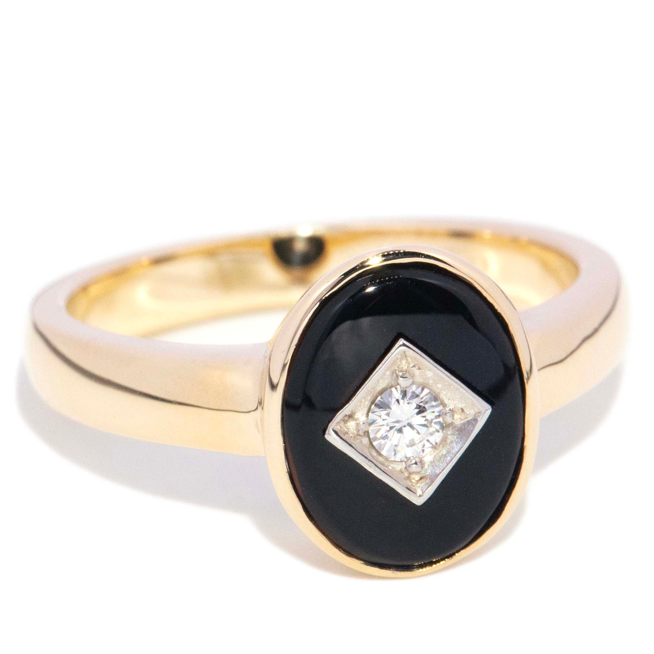Regina 1980s Rubover Onyx & Diamond Ring 9K Two Tone Gold Rings Anthology Jewellers 
