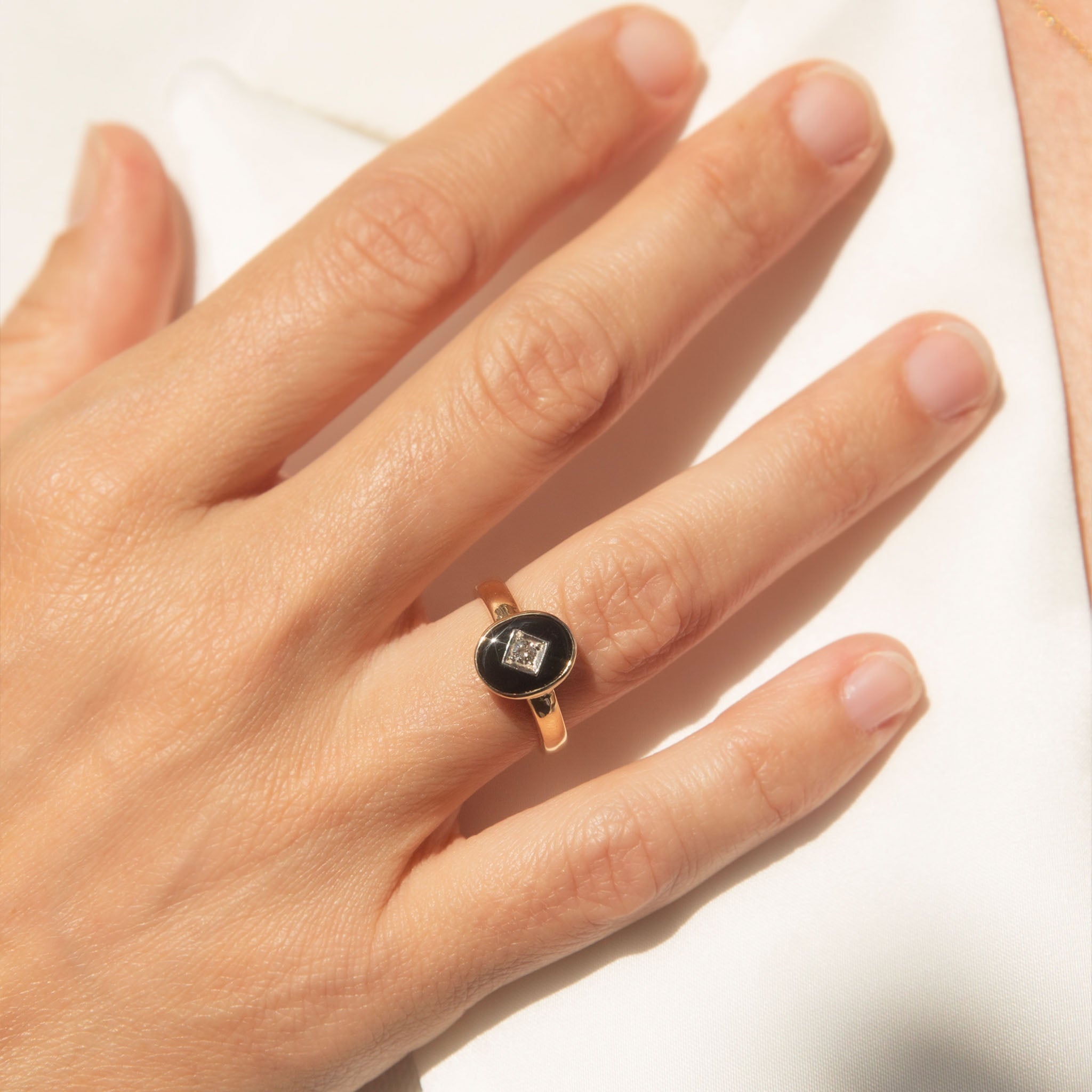 Regina 1980s Rubover Onyx & Diamond Ring 9K Two Tone Gold Rings Anthology Jewellers 