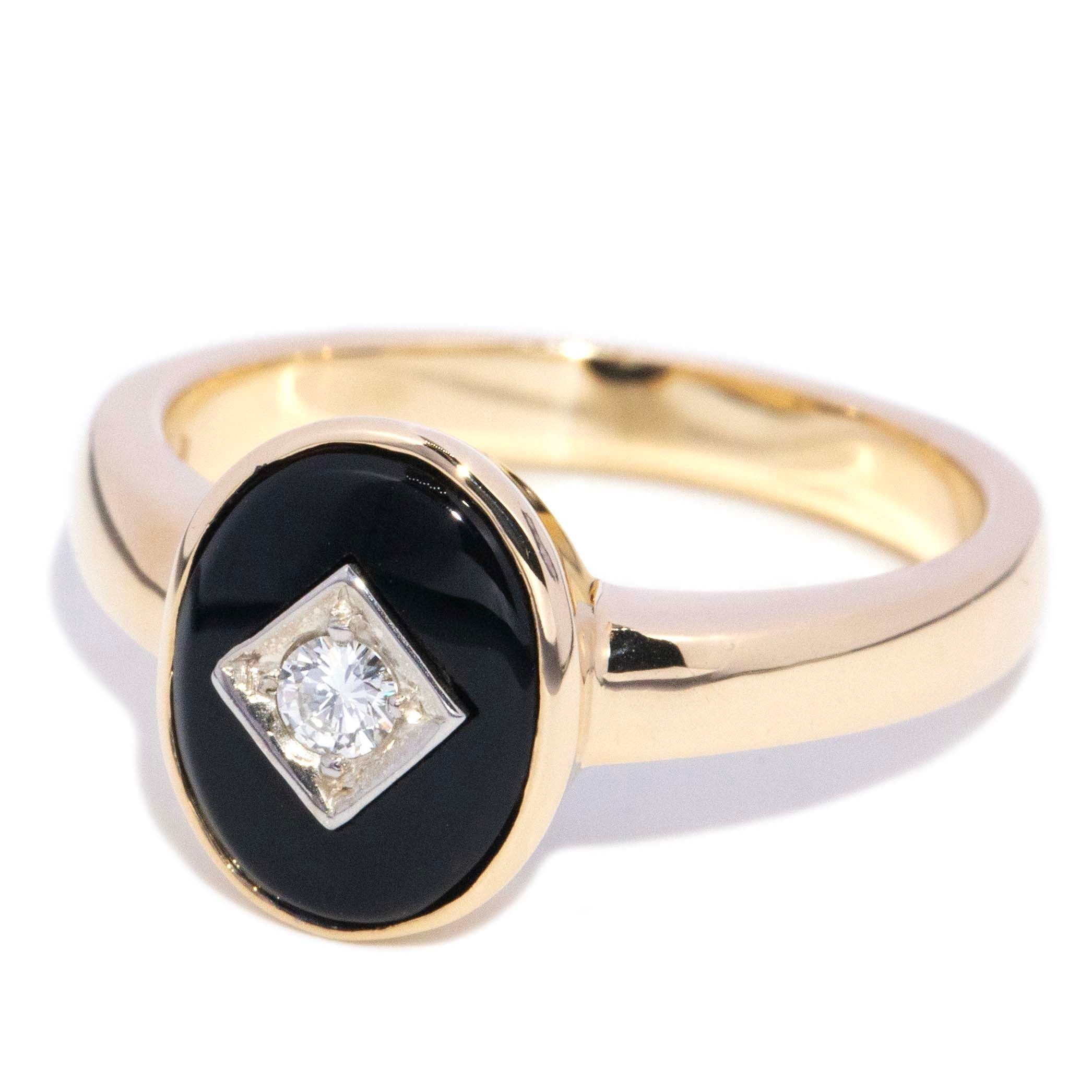 Regina 1980s Rubover Onyx & Diamond Ring 9K Two Tone Gold Rings Anthology Jewellers 