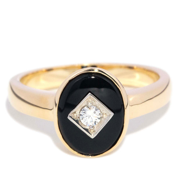 Regina 1980s Rubover Onyx & Diamond Ring 9K Two Tone Gold Rings Anthology Jewellers 