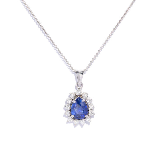Rennie 1980s Pear Cut Blue Sapphire Pendant 14K White Gold
