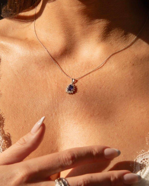 Rennie 1980s Pear Cut Sapphire Pendant 14ct White Gold Pendants/Necklaces Imperial Jewellery 