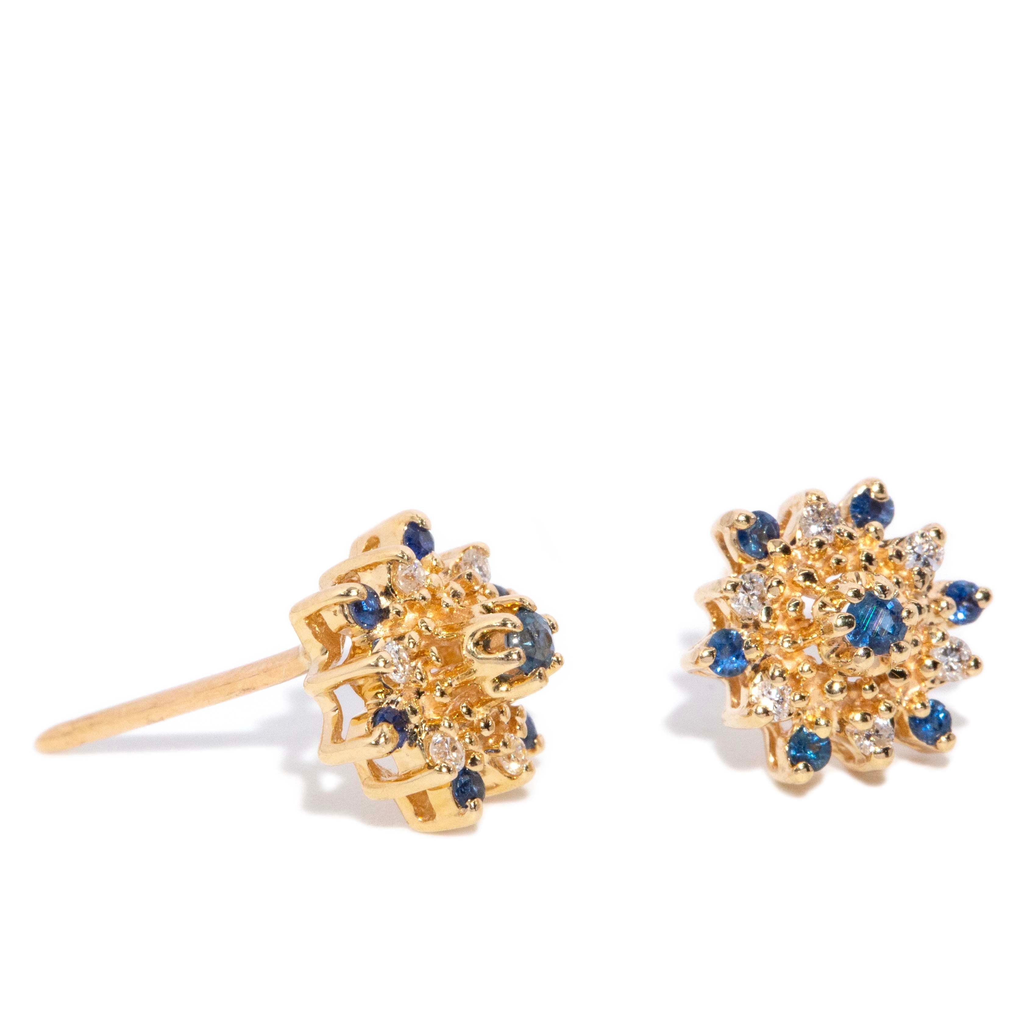 Rhea Vintage Circa 1990s Sapphire & Diamond Starburst Studs 14ct Yellow Gold Earrings Imperial Jewellery 