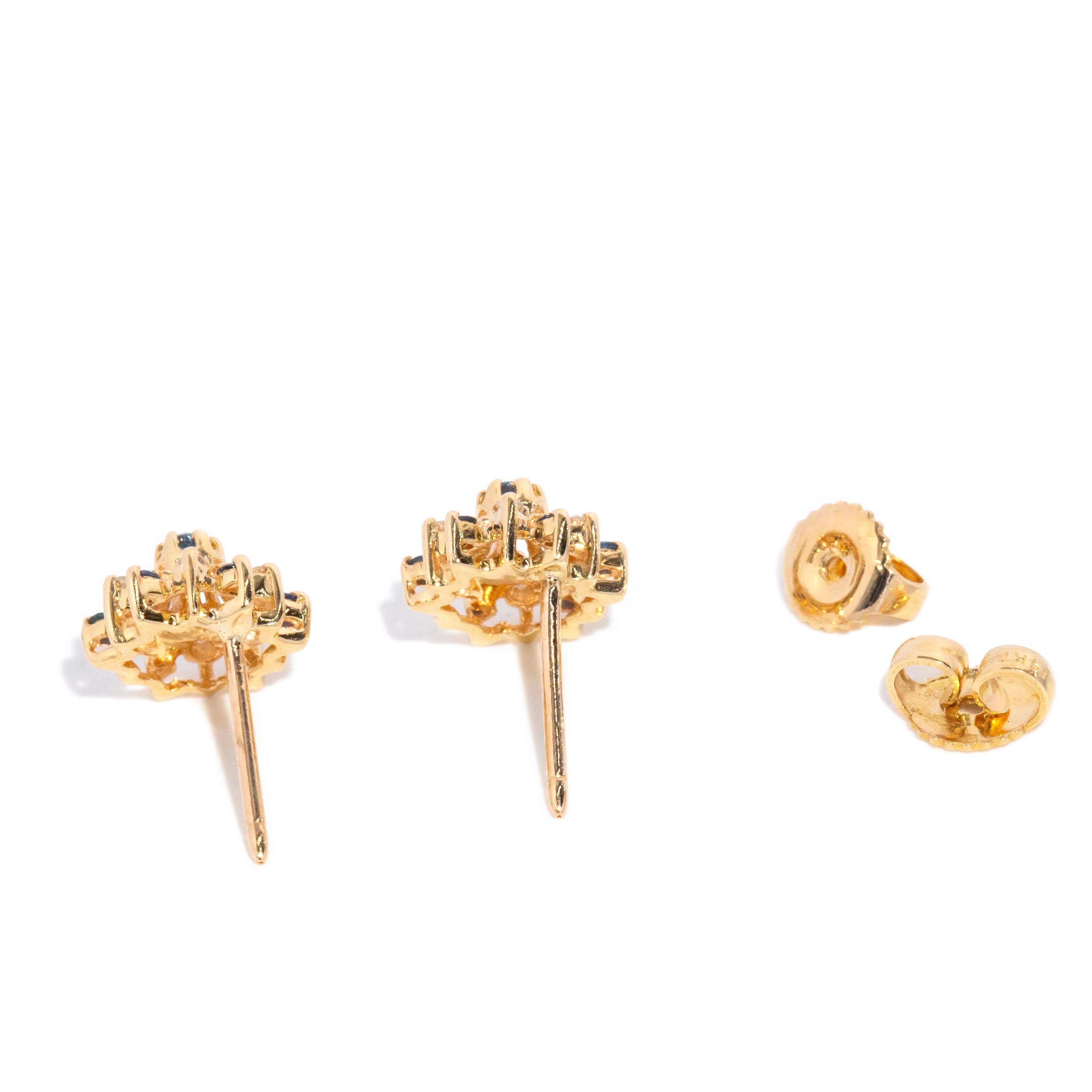 Rhea Vintage Circa 1990s Sapphire & Diamond Starburst Studs 14ct Yellow Gold Earrings Imperial Jewellery 