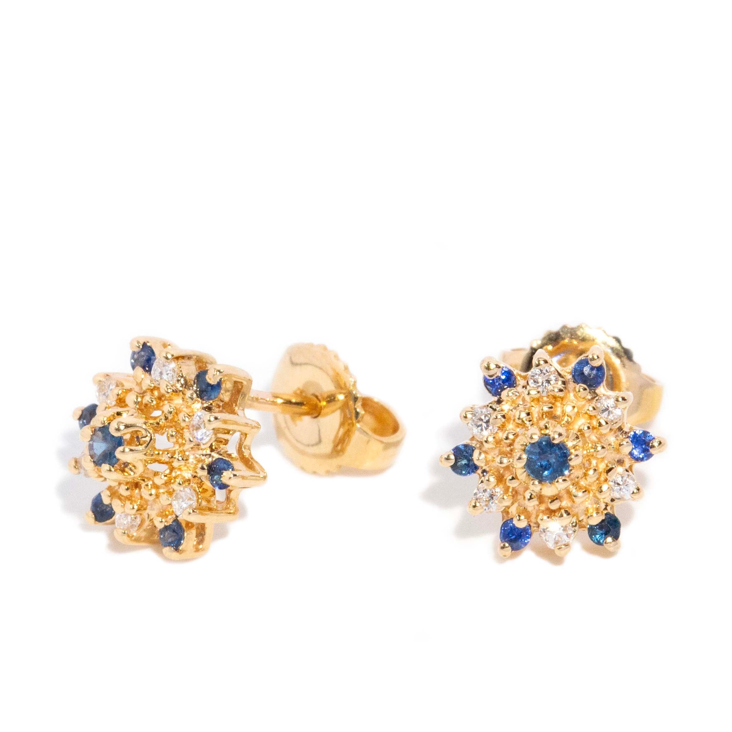 Rhea Vintage Circa 1990s Sapphire & Diamond Starburst Studs 14ct Yellow Gold Earrings Imperial Jewellery 