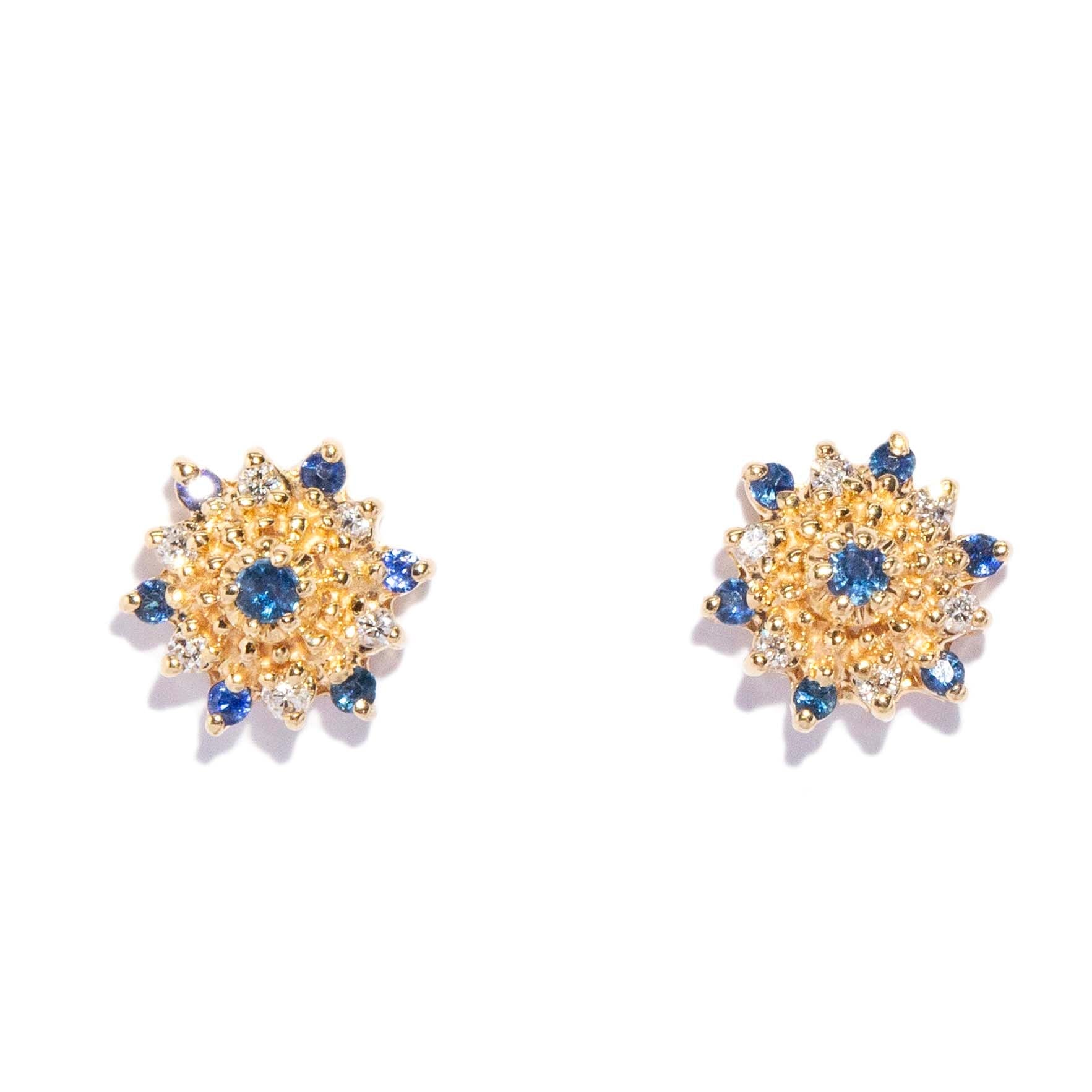 Rhea Vintage Circa 1990s Sapphire & Diamond Starburst Studs 14ct Yellow Gold Earrings Imperial Jewellery 