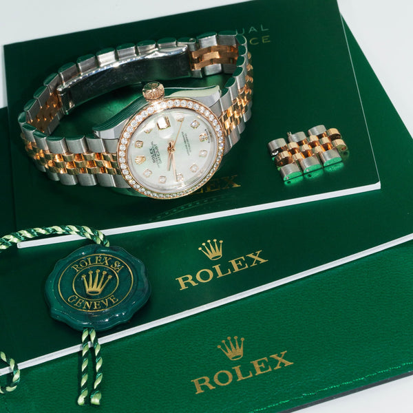 Rolex Lady Datejust 28mm Mother of Pearl Diamonds 18K Gold Watches Anthology Jewellers 