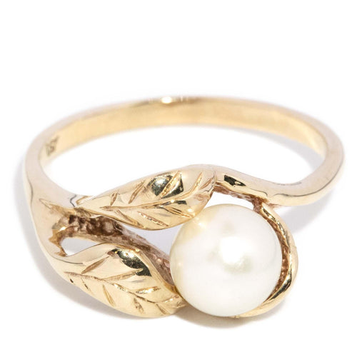 Romilly 1980s Akoya Pearl Leaf Ring 10K Yellow Gold