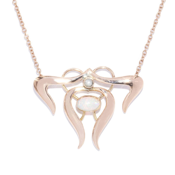 Vintage 1970s Opal & Pearl Art Nouveau Style Necklet 9 Carat Rose Gold