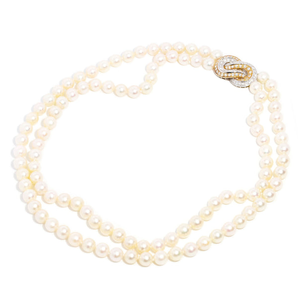 Sala Two Strand Pearl Necklace 18K Gold Diamond Clasp Pendants/Necklaces Anthology Jewellers 
