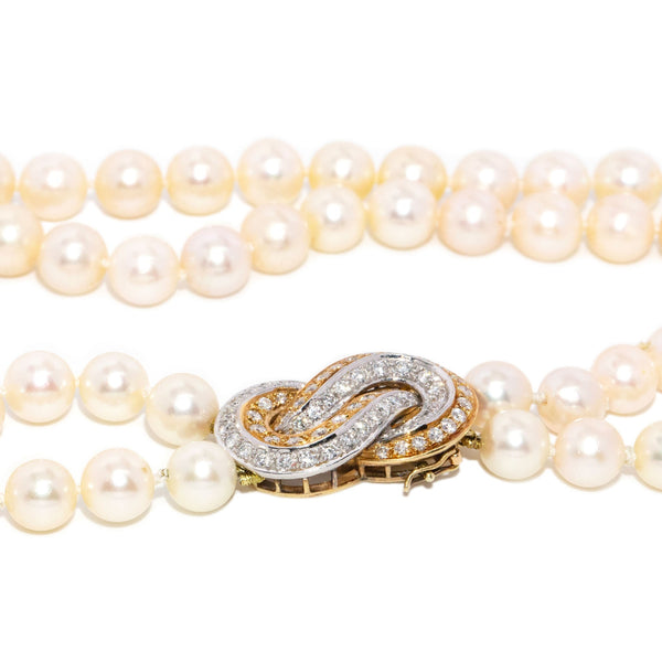 Sala Two Strand Pearl Necklace 18K Gold Diamond Clasp Pendants/Necklaces Anthology Jewellers 