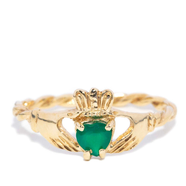 Saorise Vintage Circa 1980s Heart Cut Chrysoprase Claddagh Ring 9ct Yellow Gold Rings Imperial Jewellery 