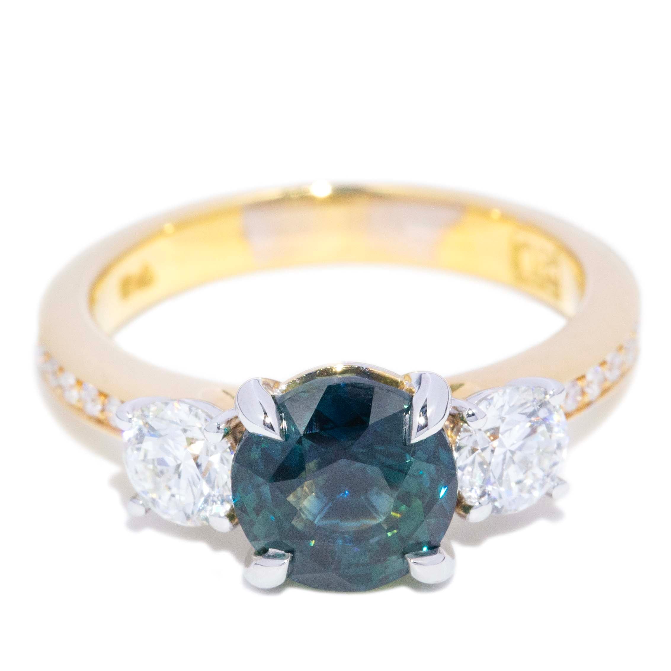 Sapphira Teal Sapphire Diamond Three Stone Ring 18K Gold Rings Anthology Jewellers 