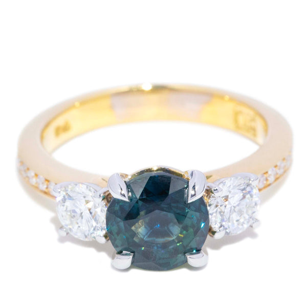 Sapphira Teal Sapphire Diamond Three Stone Ring 18K Gold Rings Anthology Jewellers 