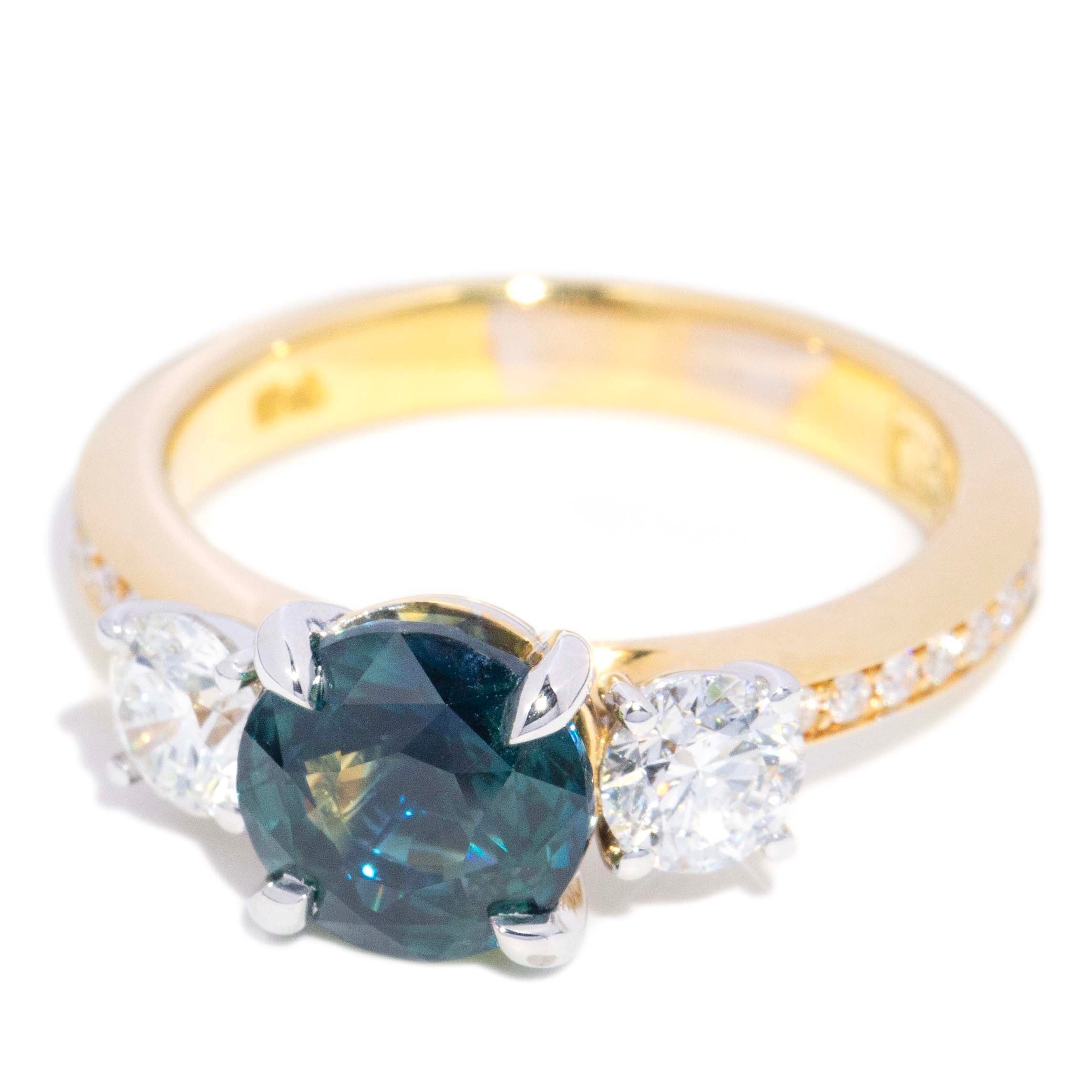 Sapphira Teal Sapphire Diamond Three Stone Ring 18K Gold Rings Anthology Jewellers 