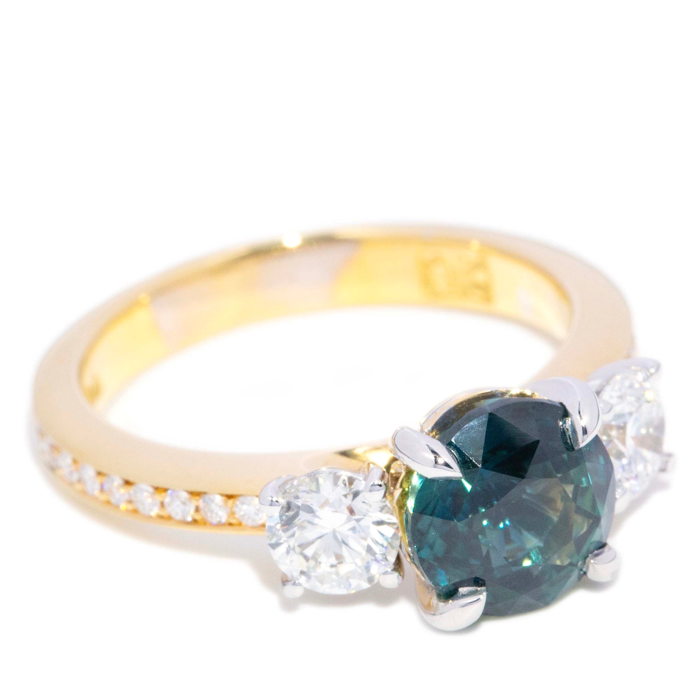 Sapphira Teal Sapphire Diamond Three Stone Ring 18K Gold Rings Anthology Jewellers 