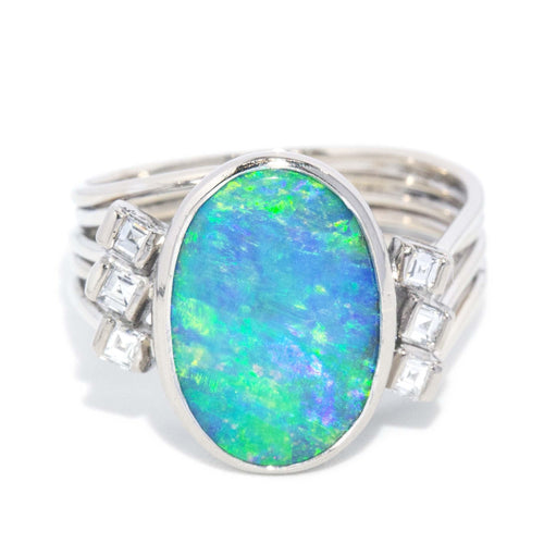 Seraphina 1970s Opal & Diamond Reeded Ring 18K White Gold
