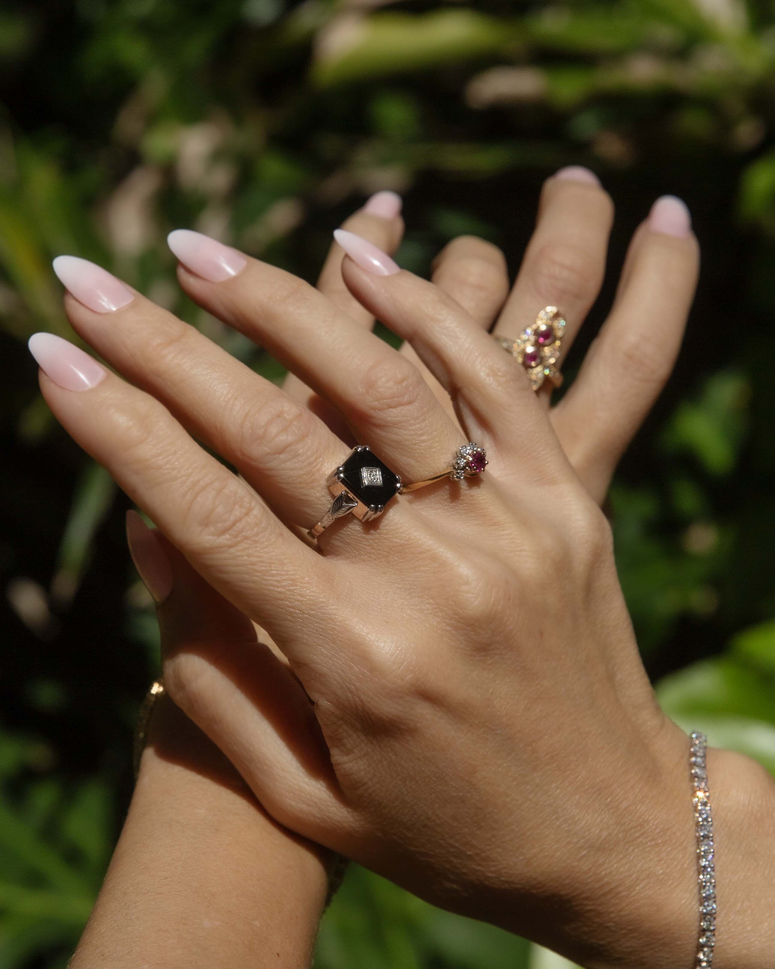 Shelley Ruby & Diamond Cluster Bypass Ring 9ct Gold Rings Imperial Jewellery 
