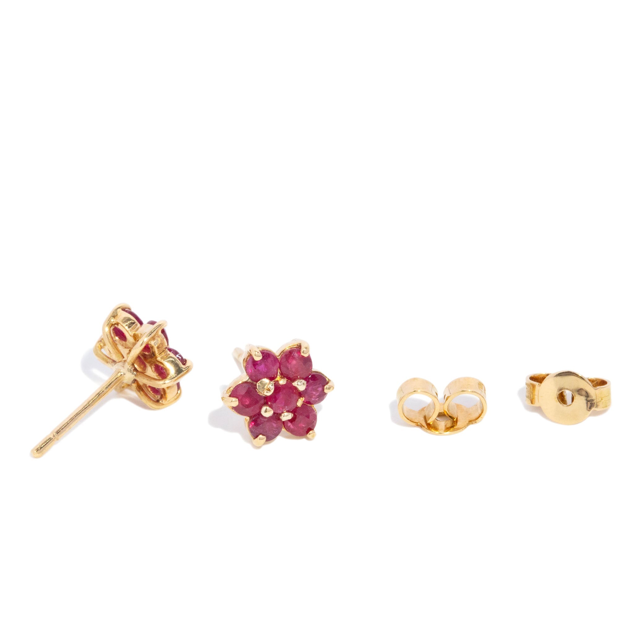 Simi 1980s Ruby Flower Cluster Studs 18K Yellow Gold Earrings Anthology Jewellers 