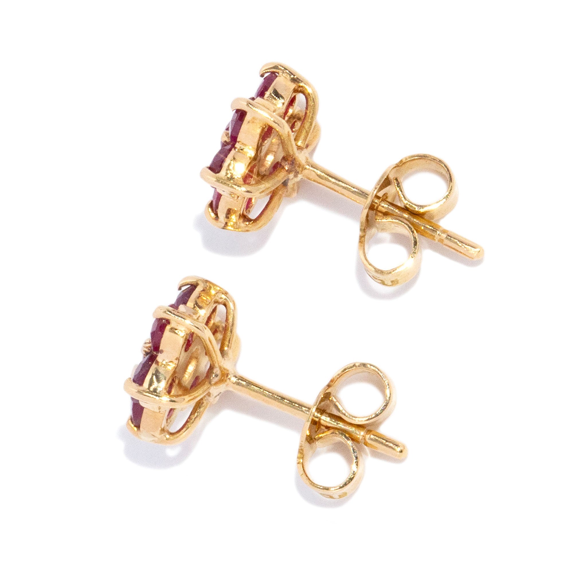Simi 1980s Ruby Flower Cluster Studs 18K Yellow Gold Earrings Anthology Jewellers 