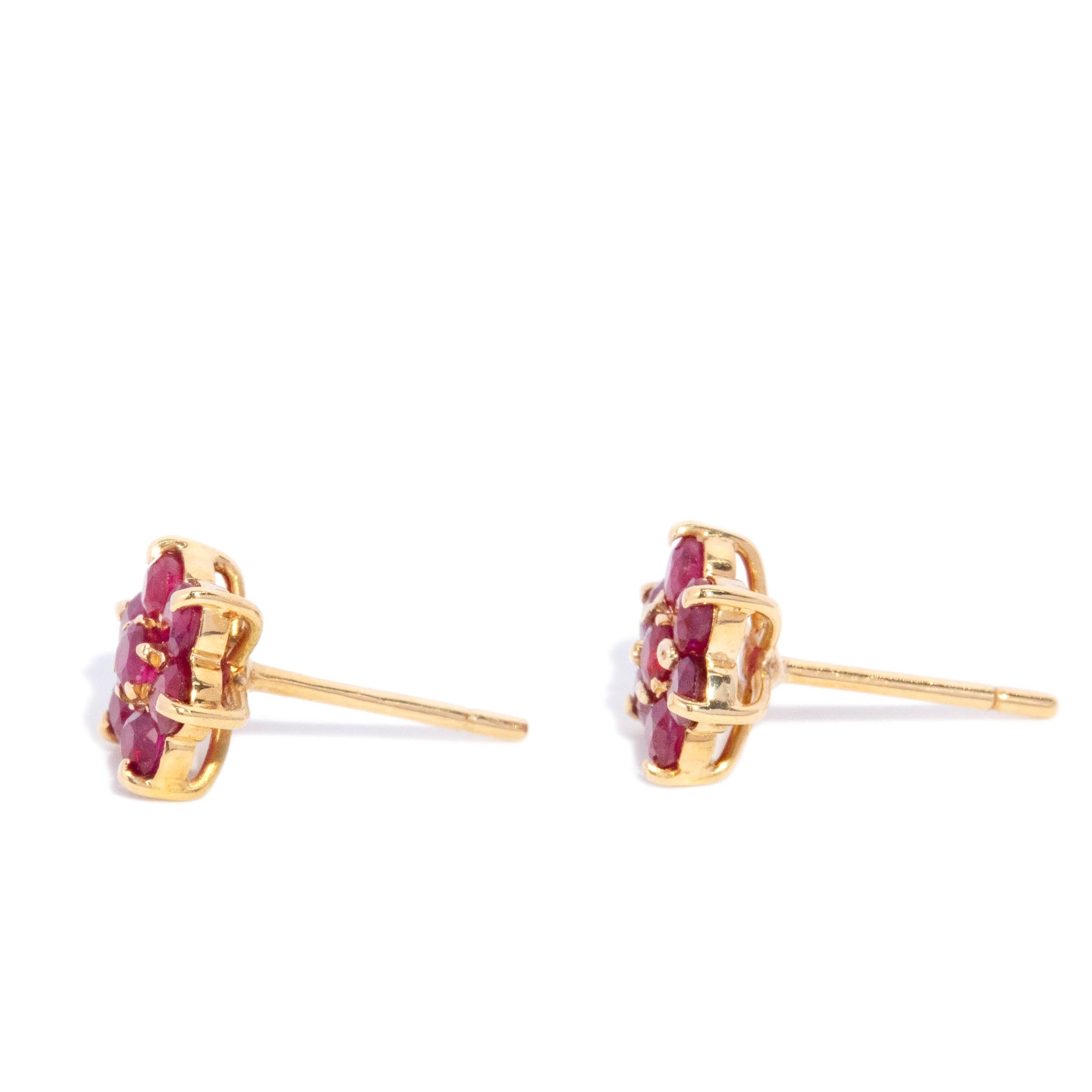 Simi 1980s Ruby Flower Cluster Studs 18K Yellow Gold Earrings Anthology Jewellers 