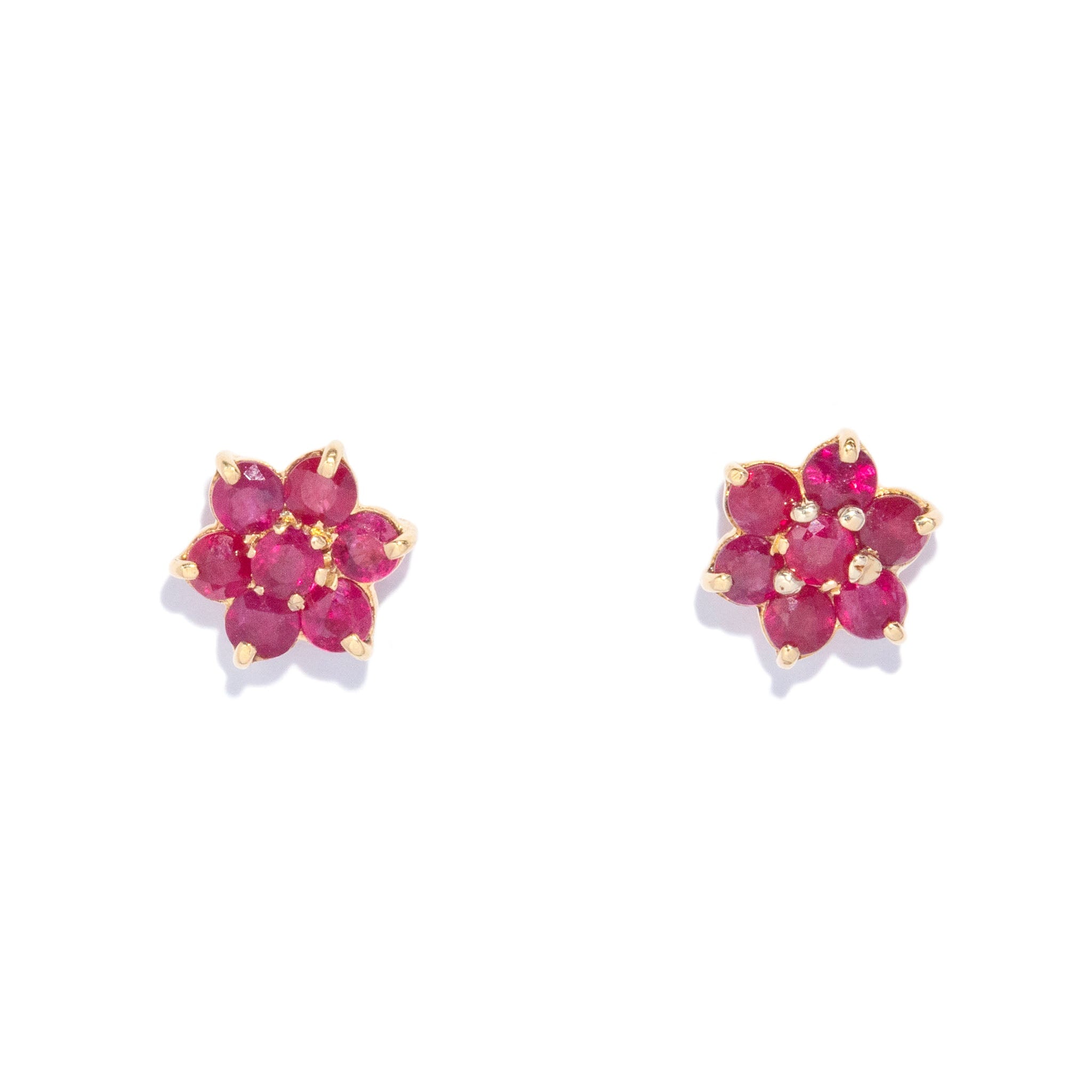 Simi 1980s Ruby Flower Cluster Studs 18K Yellow Gold Earrings Anthology Jewellers 