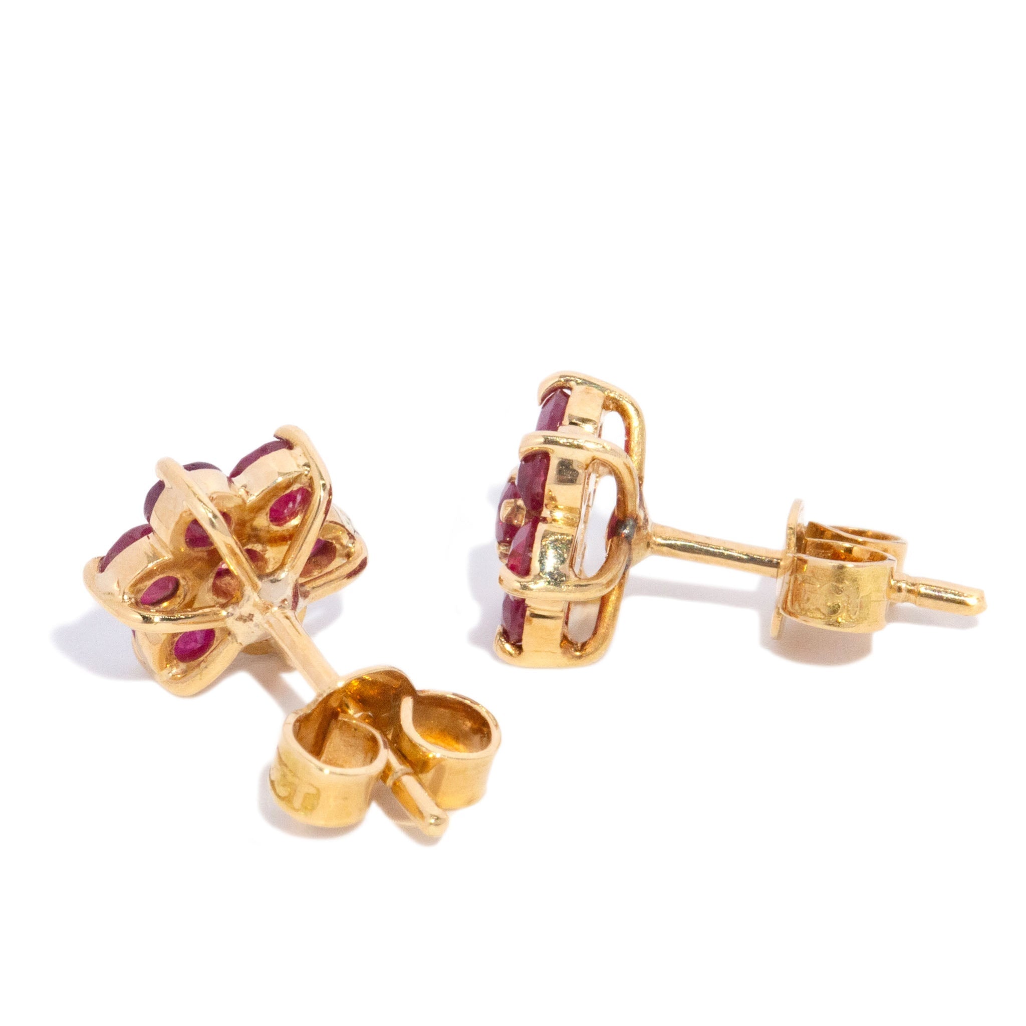 Simi 1980s Ruby Flower Cluster Studs 18K Yellow Gold Earrings Anthology Jewellers 