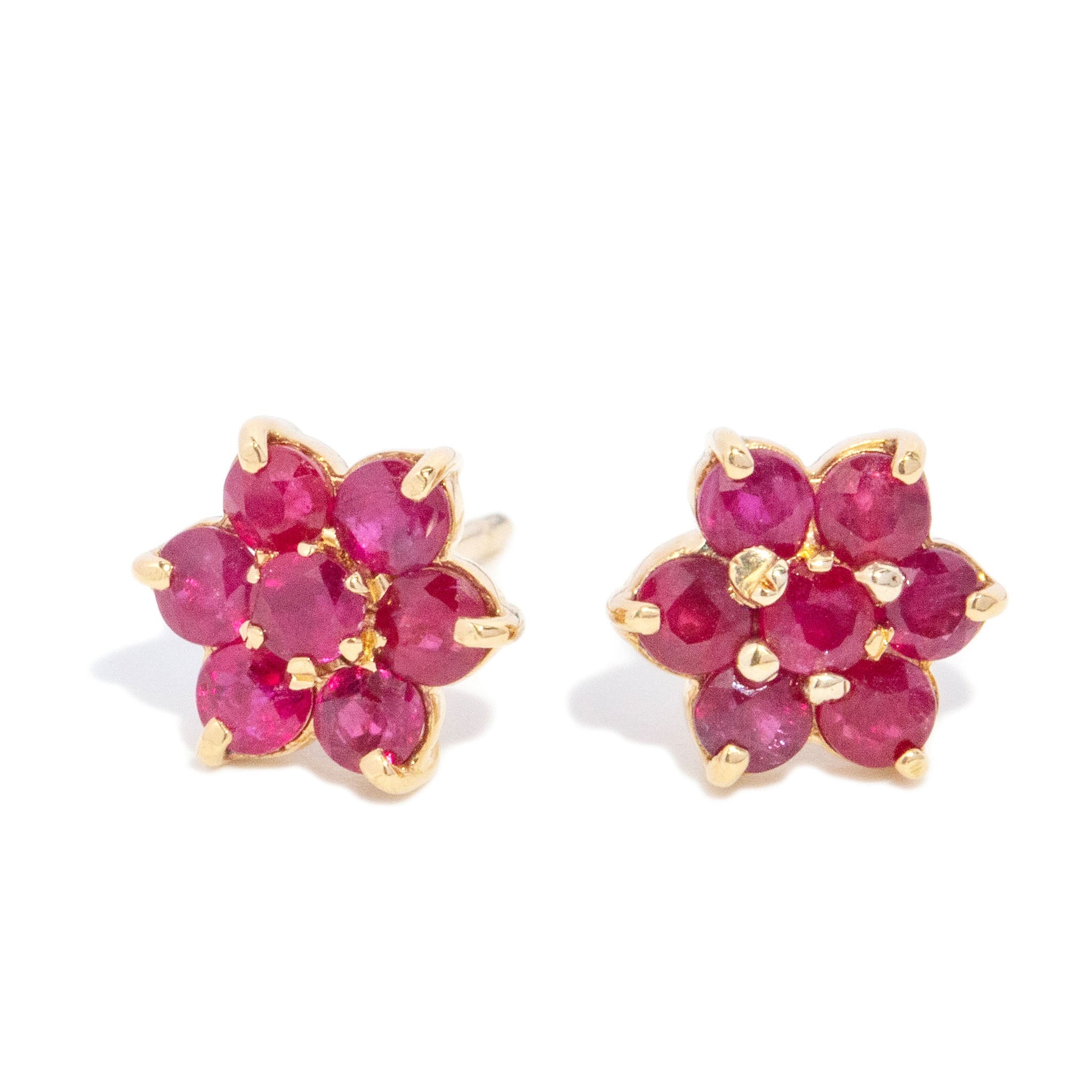 Simi 1980s Ruby Flower Cluster Studs 18K Yellow Gold Earrings Anthology Jewellers 