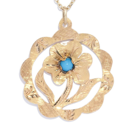 Soleia 1970s Turquoise Flower Pendant 14K Yellow Gold