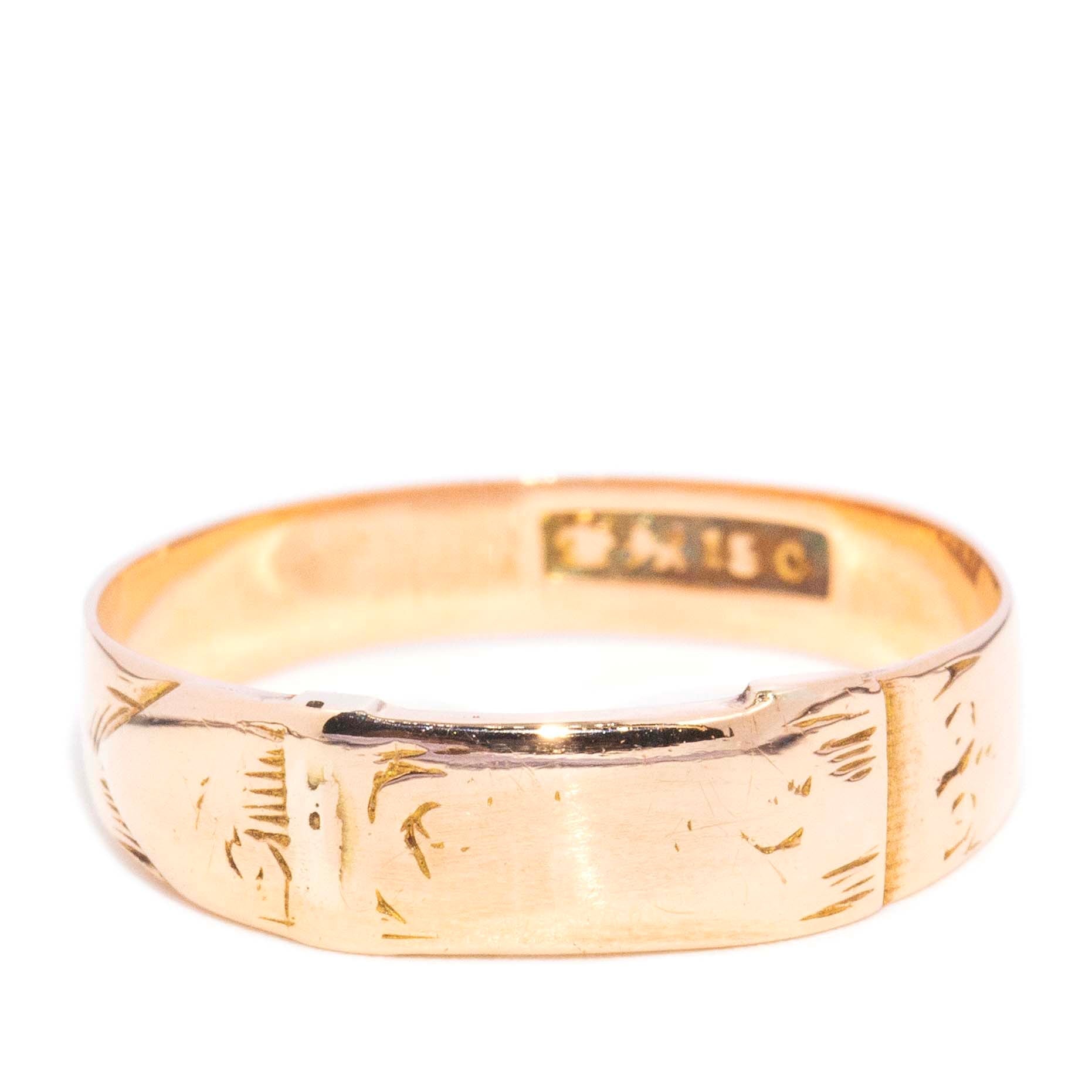 Stevie Vintage Hallmarked 1945 Engraved Belt Buckle Ring 15ct Yellow Gold Rings Imperial Jewellery 