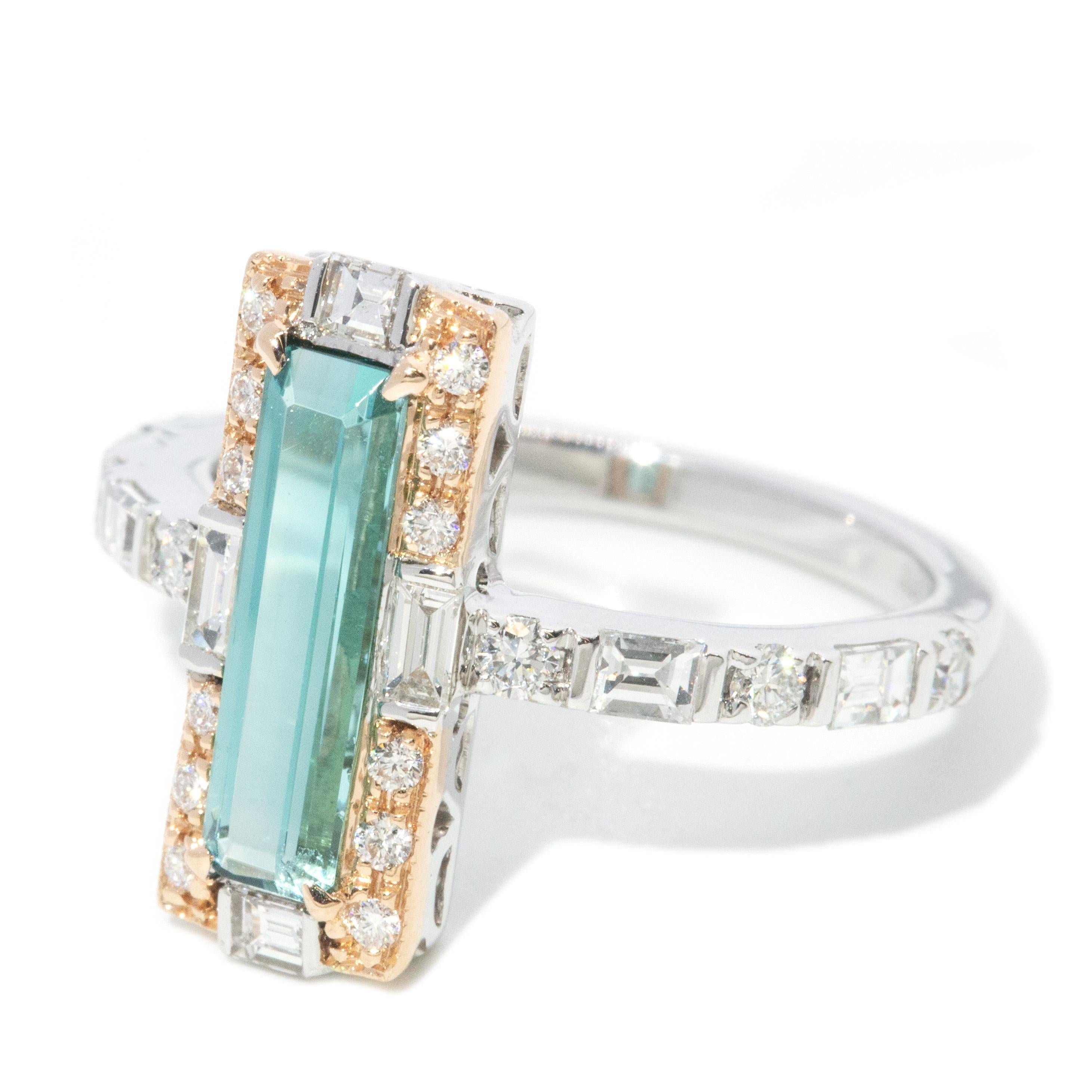 Contemporary 1.04ct Emerald Cut Lagoon Tourmaline & Diamond Ring 18ct Gold